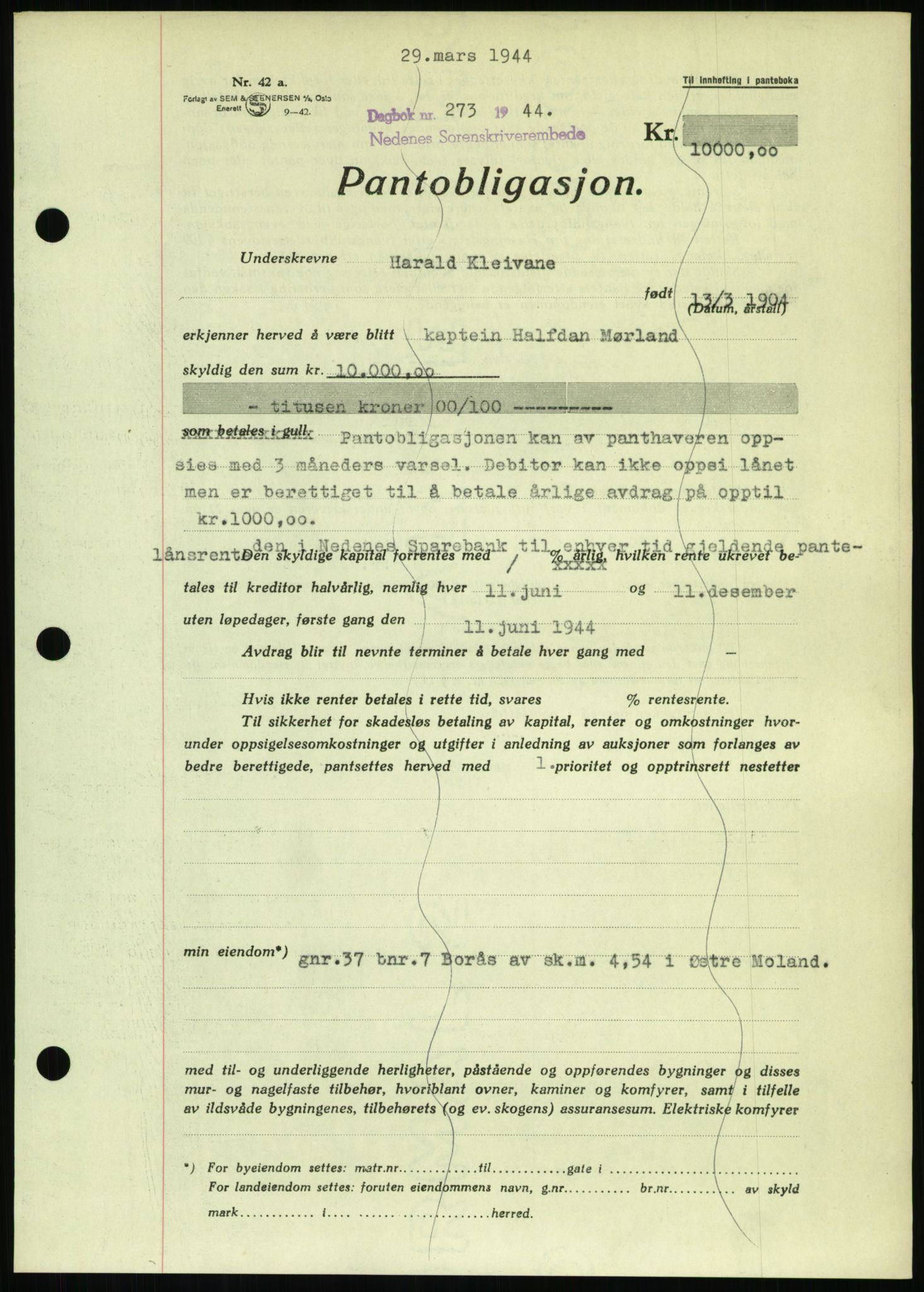 Nedenes sorenskriveri, AV/SAK-1221-0006/G/Gb/Gbb/L0002: Mortgage book no. II, 1942-1945, Diary no: : 273/1944