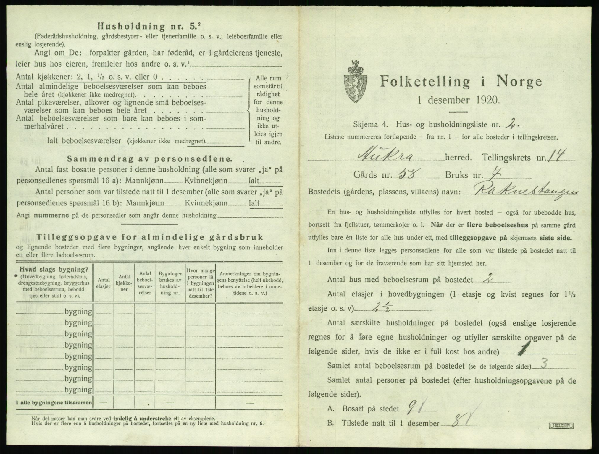 SAT, 1920 census for Aukra, 1920, p. 833