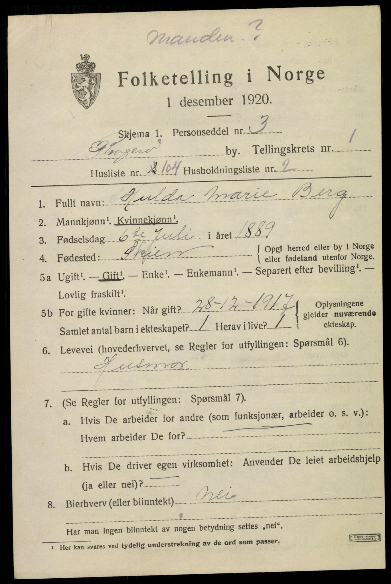 SAKO, 1920 census for Kragerø, 1920, p. 5305