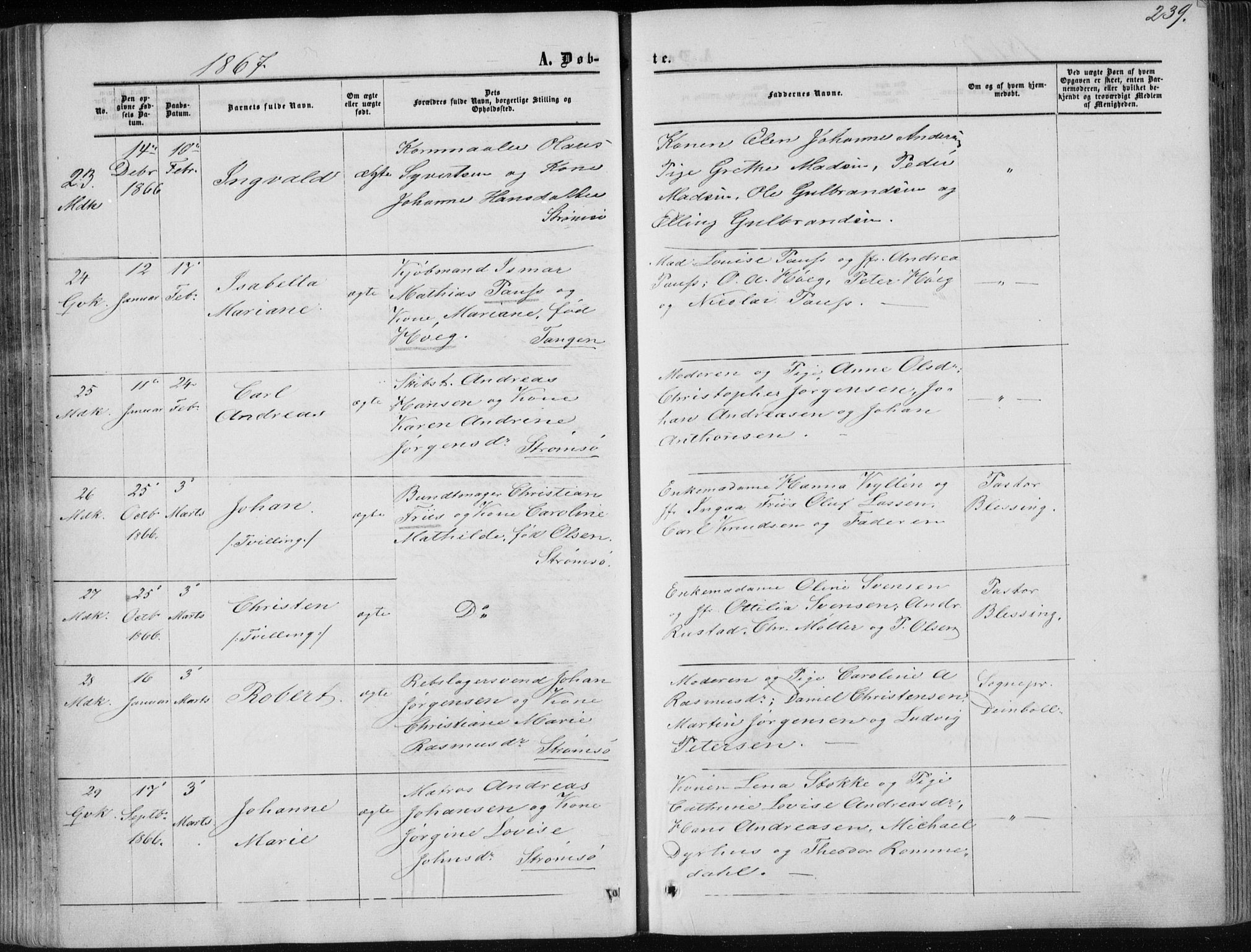 Strømsø kirkebøker, AV/SAKO-A-246/F/Fa/L0015: Parish register (official) no. I 15, 1859-1868, p. 239