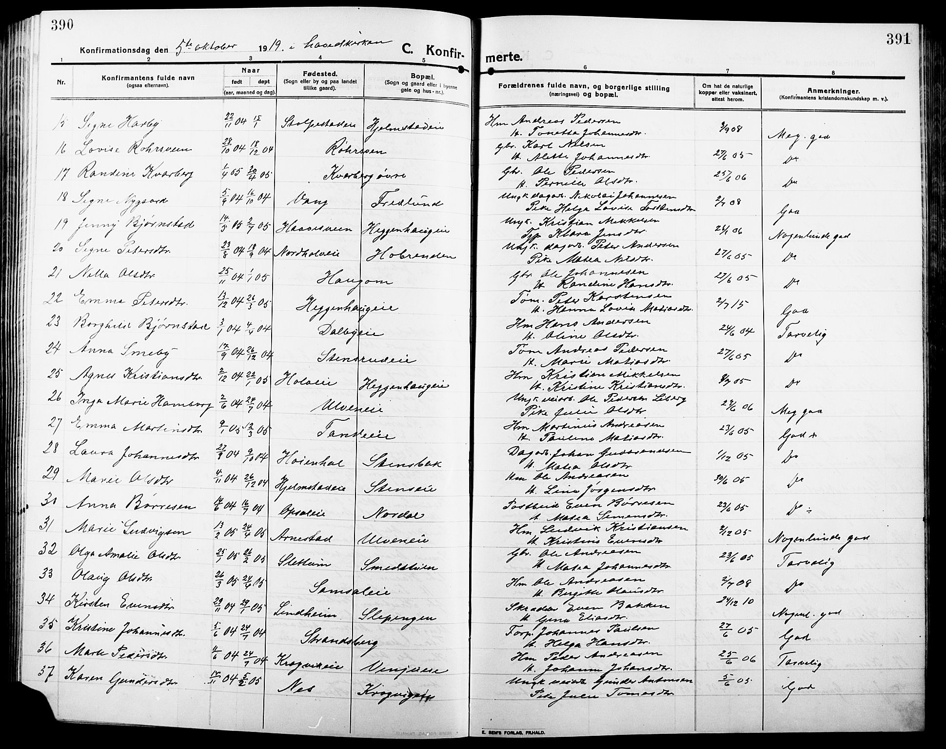 Ringsaker prestekontor, SAH/PREST-014/L/La/L0018: Parish register (copy) no. 18, 1913-1922, p. 390-391