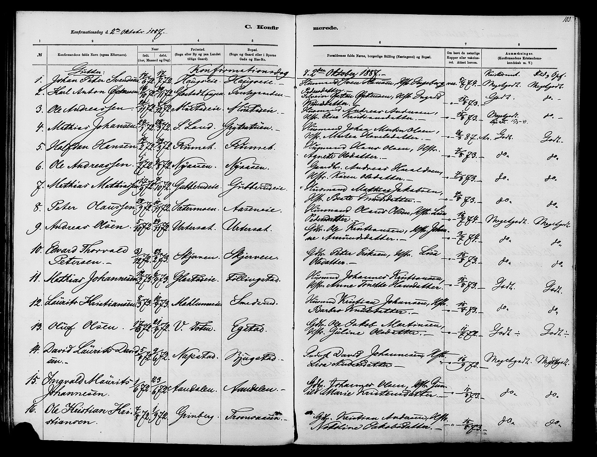 Vardal prestekontor, SAH/PREST-100/H/Ha/Haa/L0010: Parish register (official) no. 10, 1878-1893, p. 103