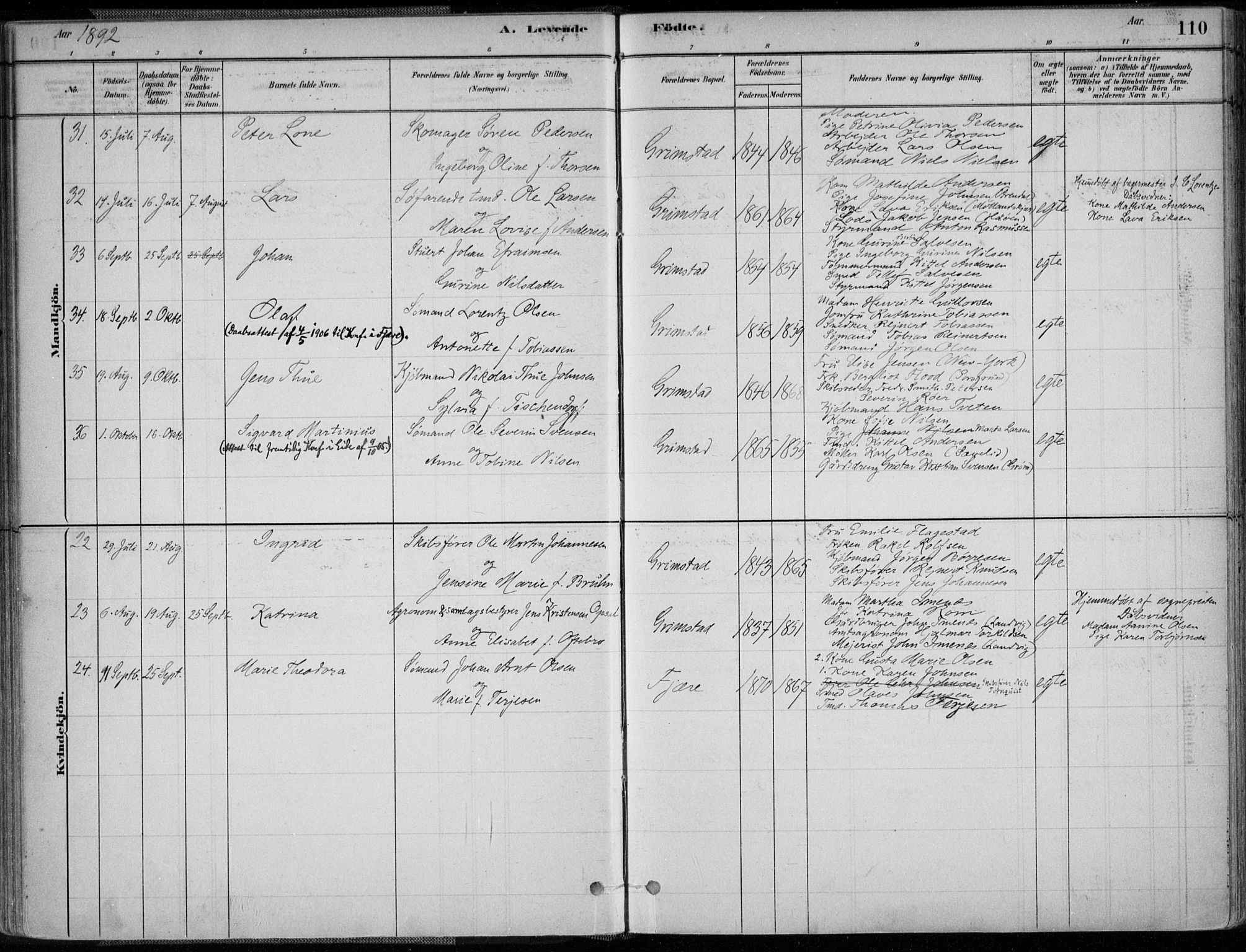 Grimstad sokneprestkontor, SAK/1111-0017/F/Fa/L0003: Parish register (official) no. A 2, 1882-1912, p. 110