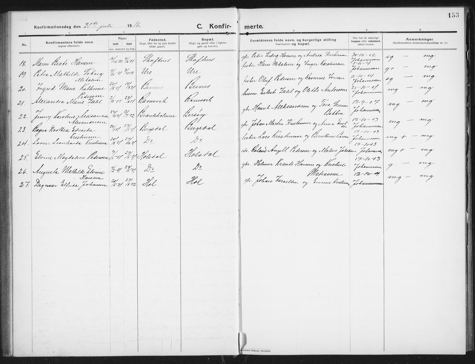 Ministerialprotokoller, klokkerbøker og fødselsregistre - Nordland, SAT/A-1459/882/L1183: Parish register (copy) no. 882C01, 1911-1938, p. 153