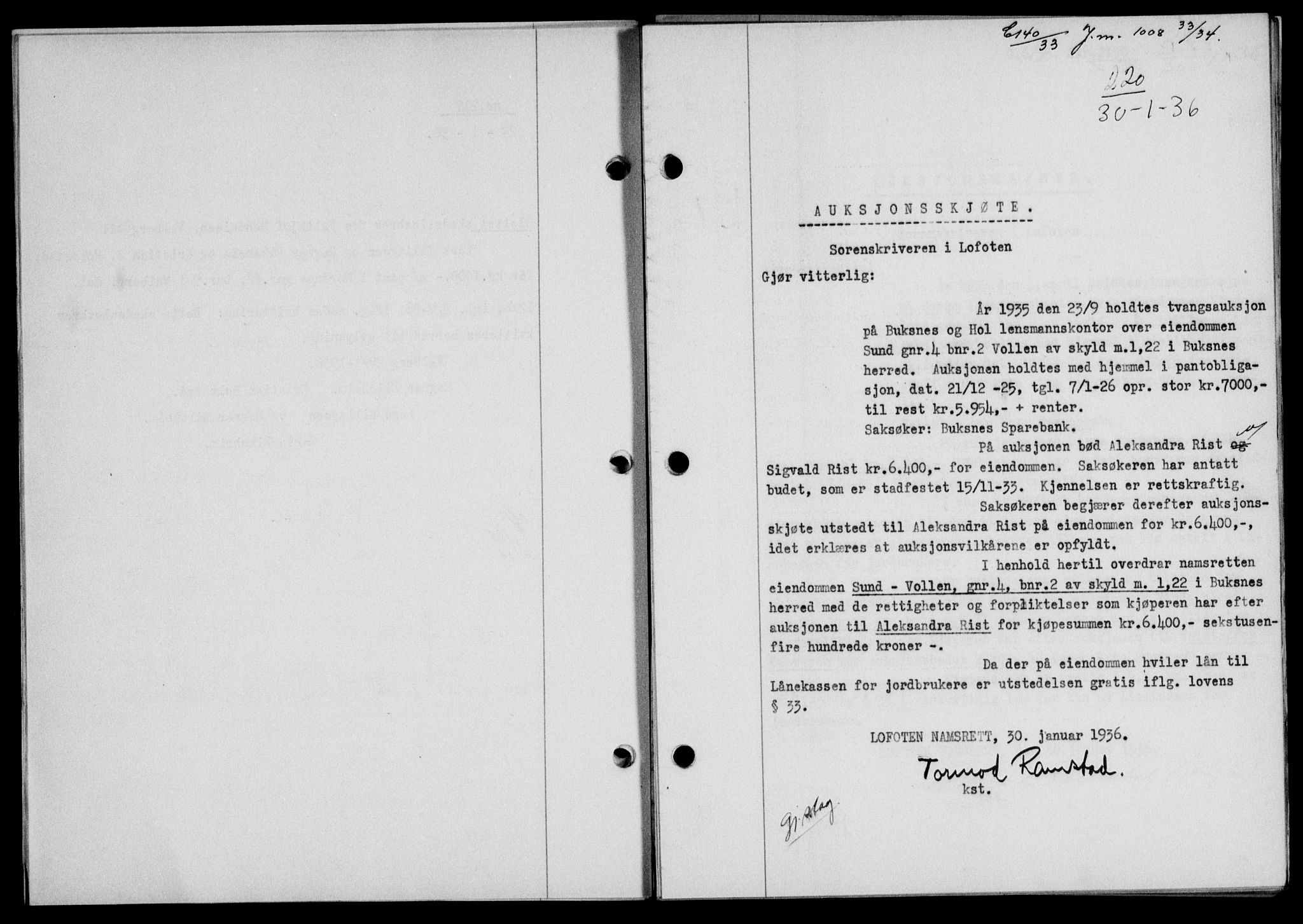 Lofoten sorenskriveri, SAT/A-0017/1/2/2C/L0033b: Mortgage book no. 33b, 1936-1936, Diary no: : 220/1936