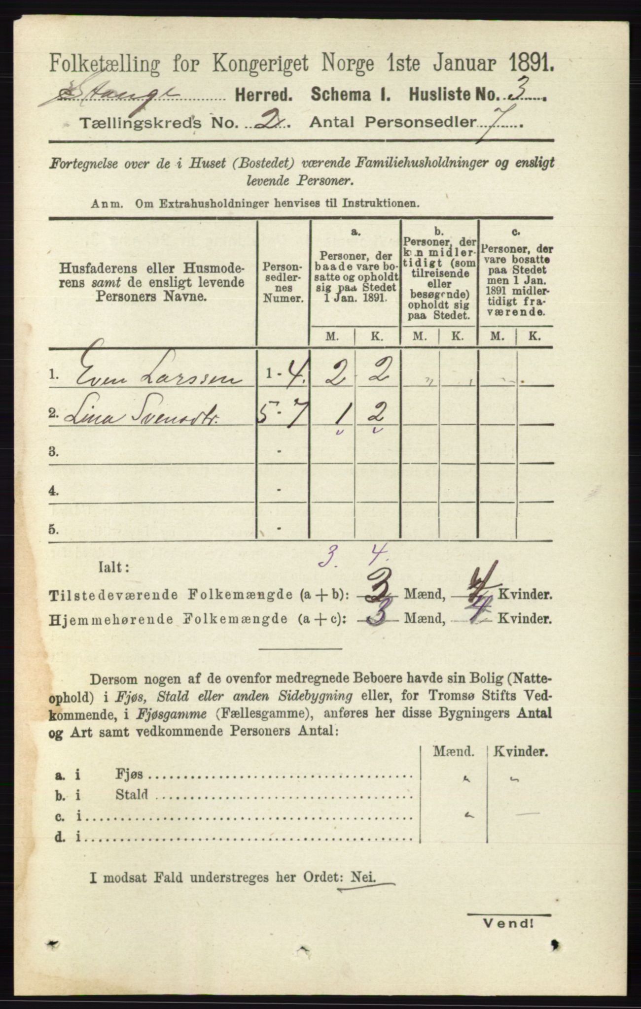 RA, 1891 census for 0417 Stange, 1891, p. 843