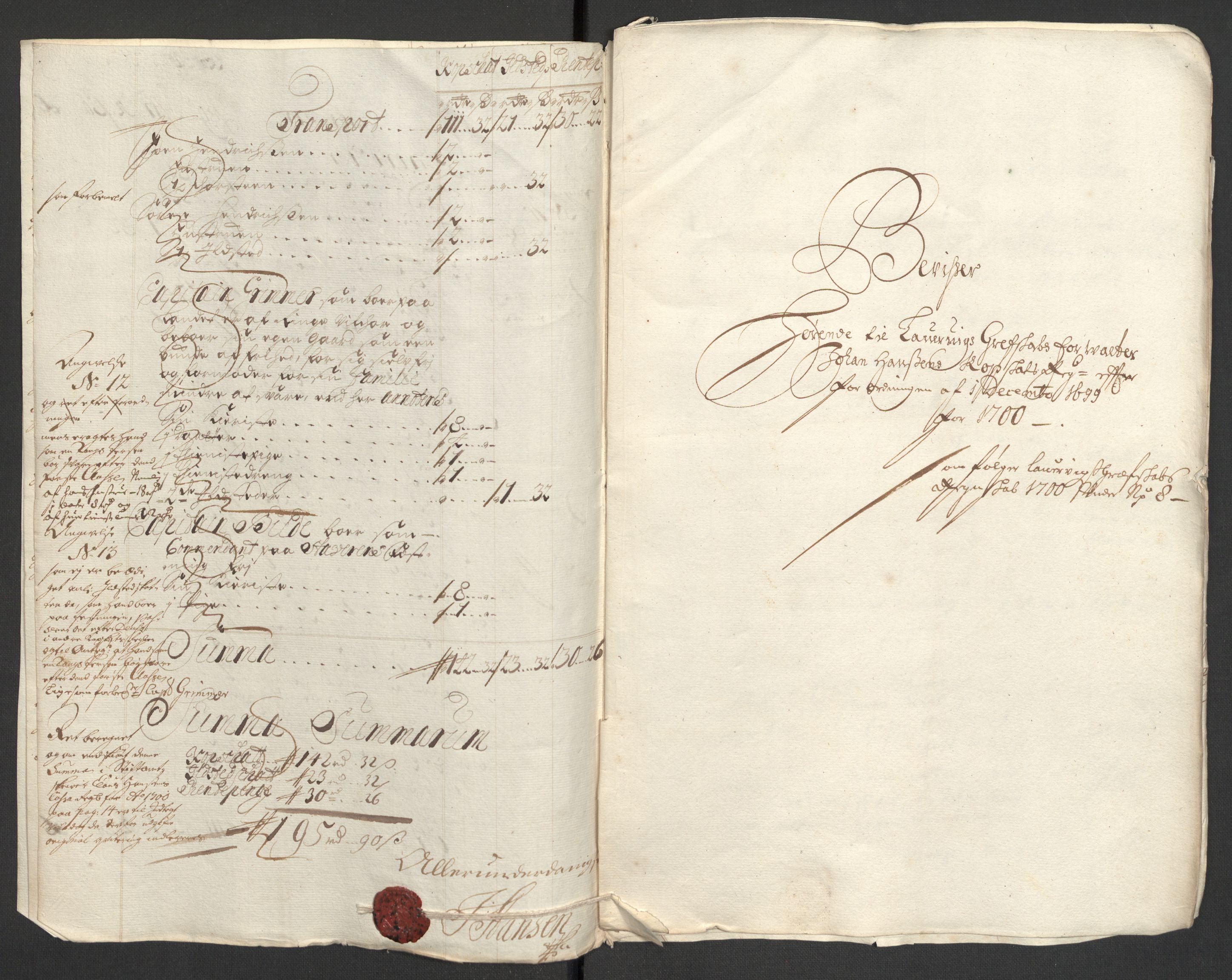 Rentekammeret inntil 1814, Reviderte regnskaper, Fogderegnskap, RA/EA-4092/R33/L1976: Fogderegnskap Larvik grevskap, 1698-1701, p. 286