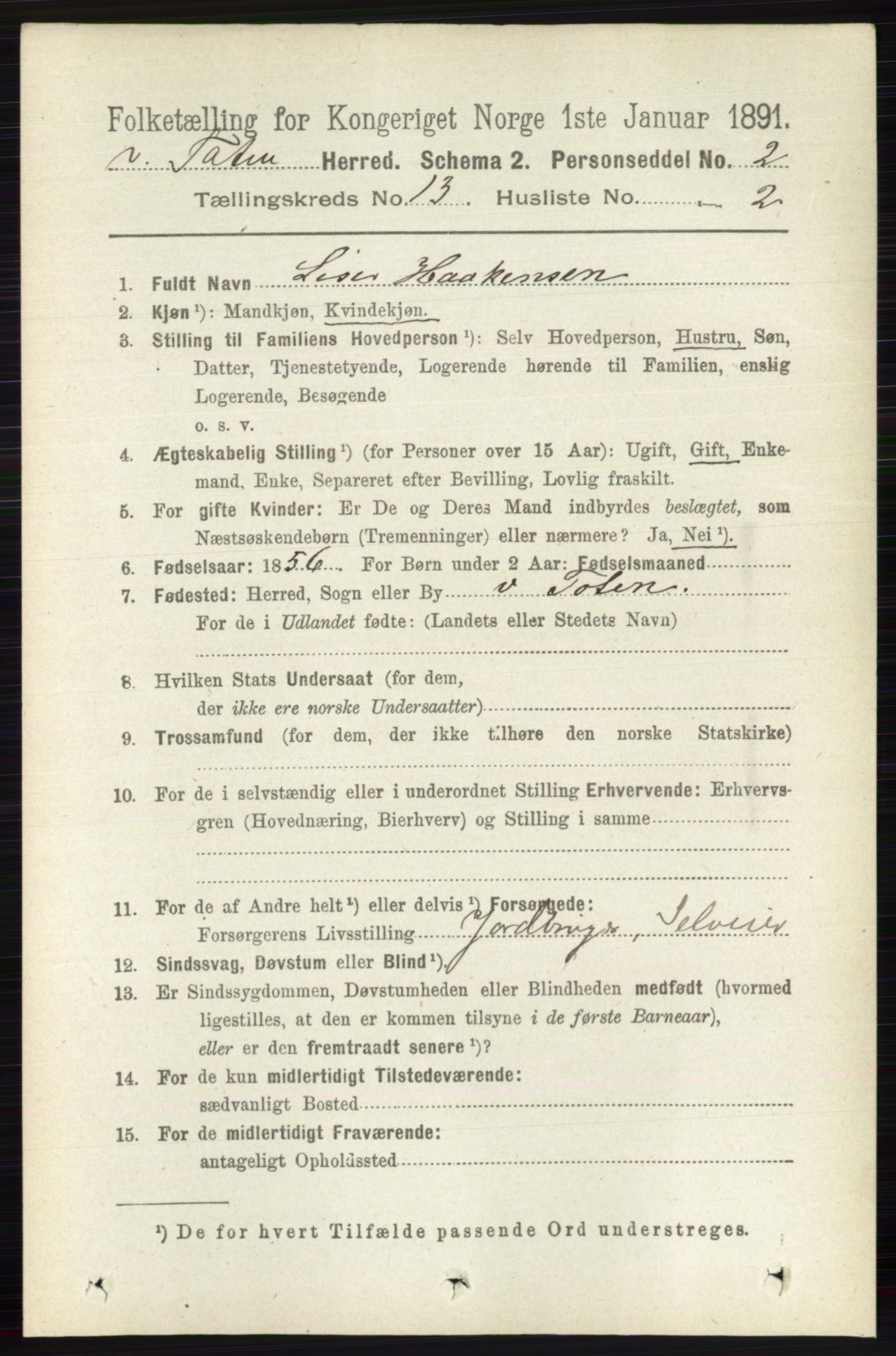 RA, 1891 census for 0529 Vestre Toten, 1891, p. 7823