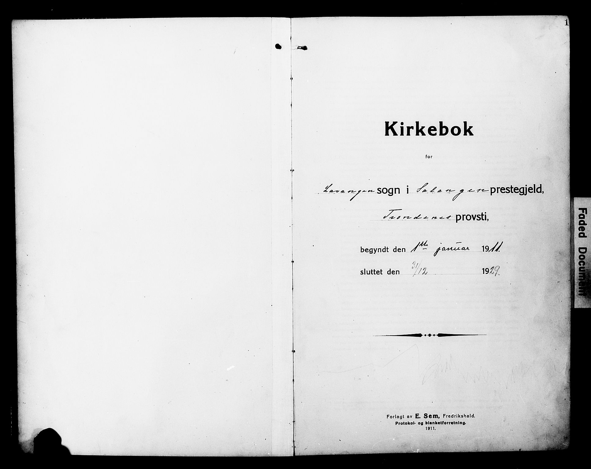 Salangen sokneprestembete, SATØ/S-1324/H/Ha/L0002klokker: Parish register (copy) no. 2, 1911-1929, p. 1