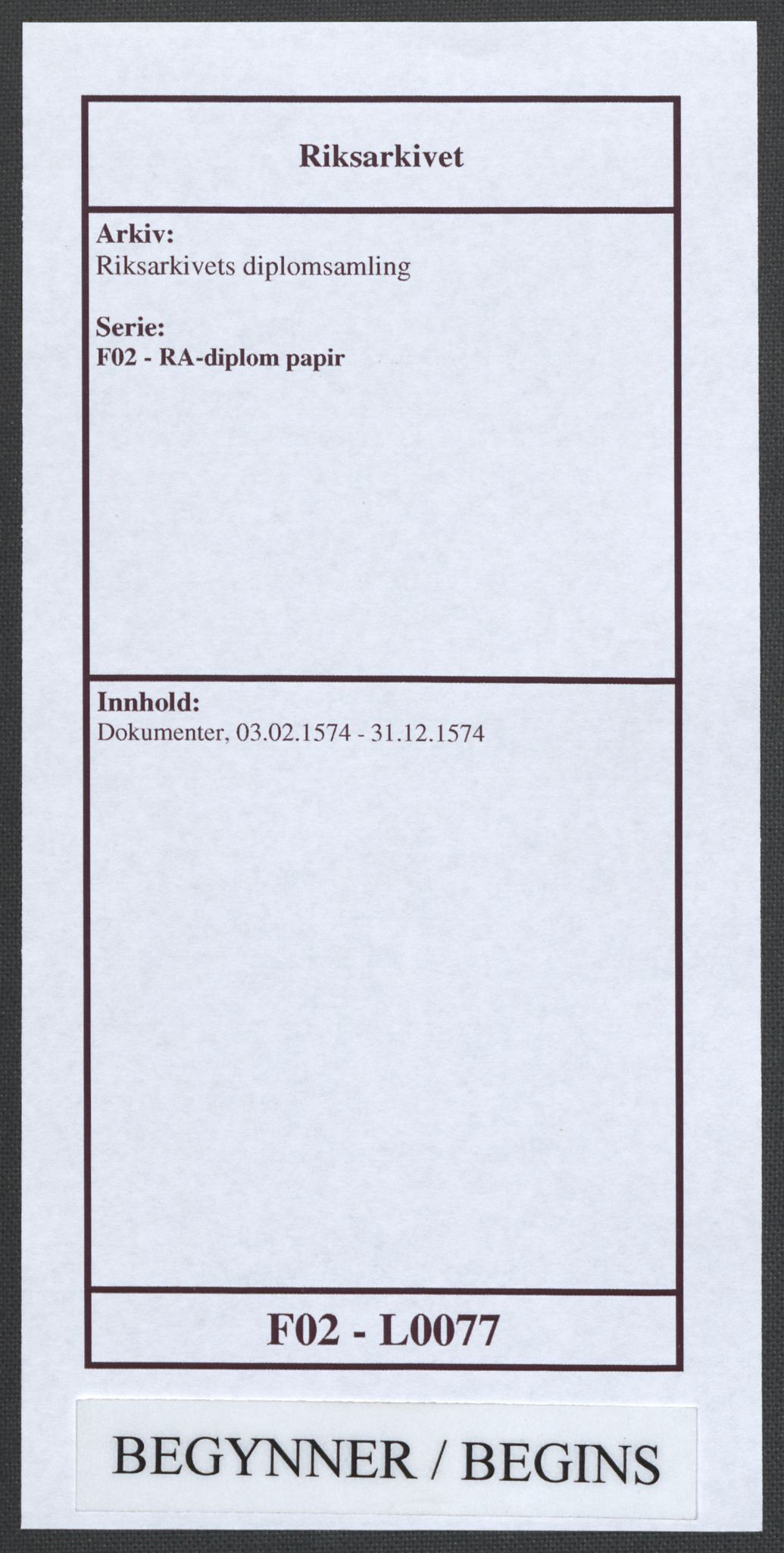 Riksarkivets diplomsamling, RA/EA-5965/F02/L0077: Dokumenter, 1574, p. 1