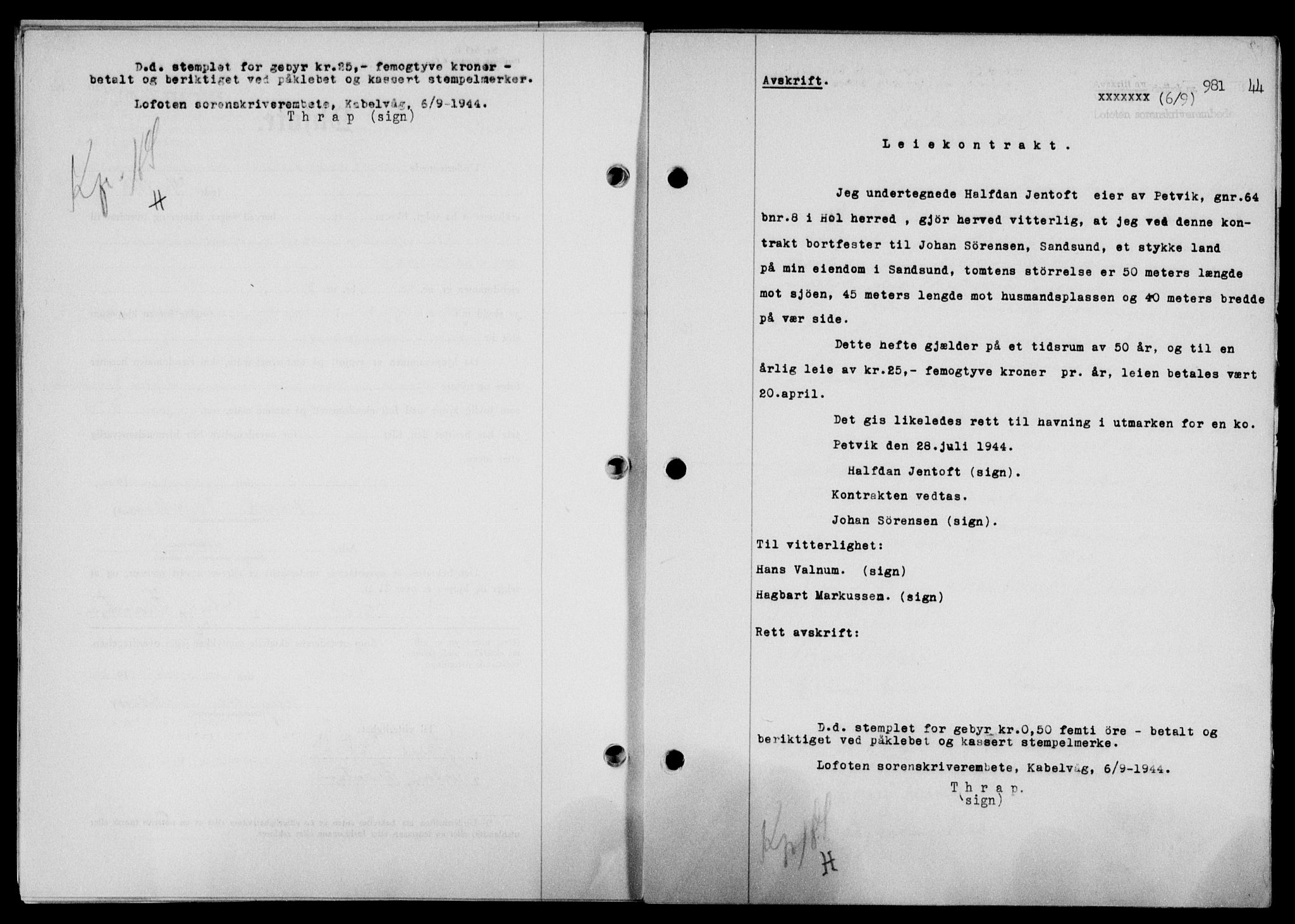 Lofoten sorenskriveri, SAT/A-0017/1/2/2C/L0012a: Mortgage book no. 12a, 1943-1944, Diary no: : 981/1944