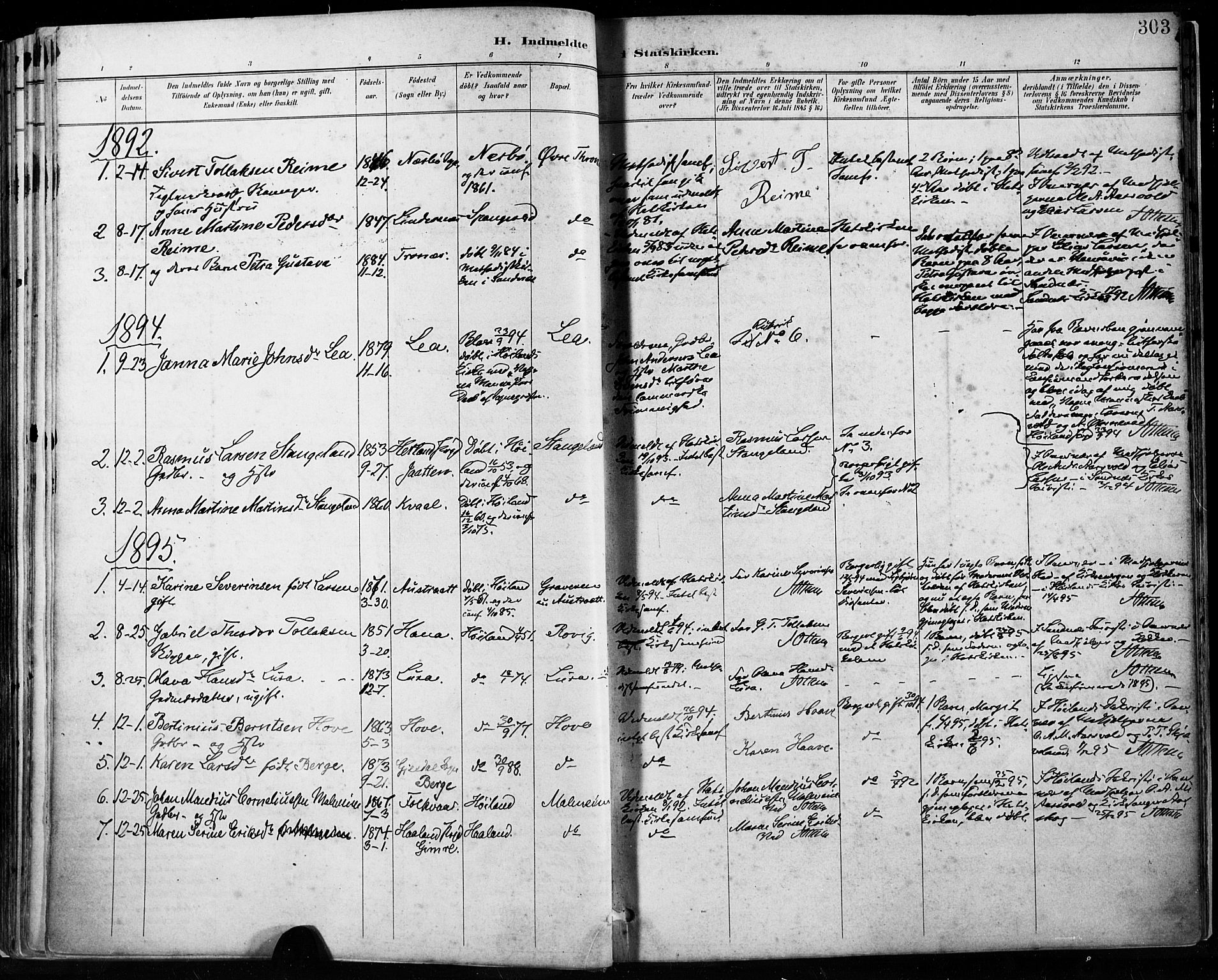 Høyland sokneprestkontor, SAST/A-101799/001/30BA/L0013: Parish register (official) no. A 13.2, 1889-1898, p. 303