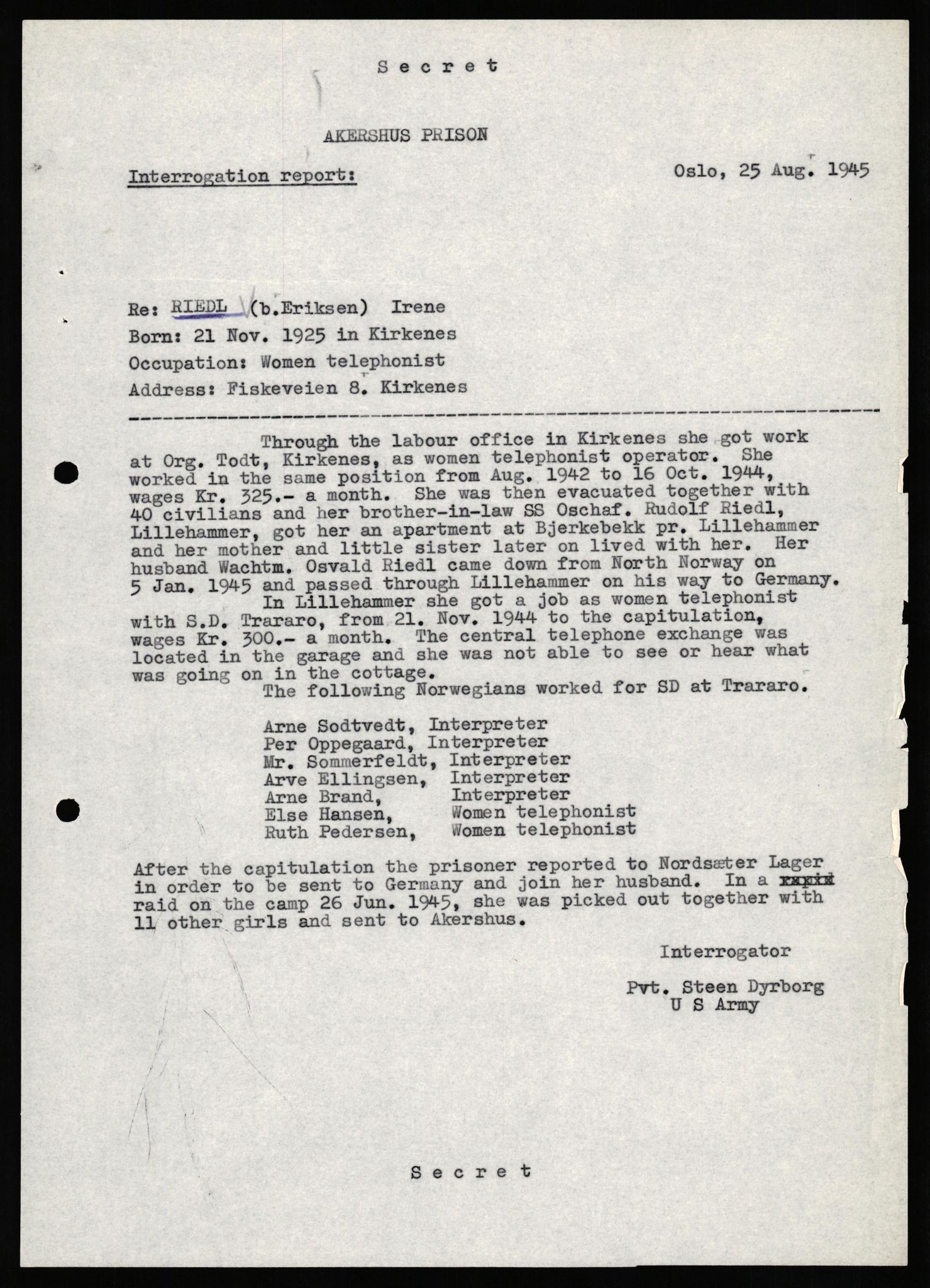 Forsvaret, Forsvarets overkommando II, AV/RA-RAFA-3915/D/Db/L0040: CI Questionaires. Tyske okkupasjonsstyrker i Norge. Østerrikere., 1945-1946, p. 114