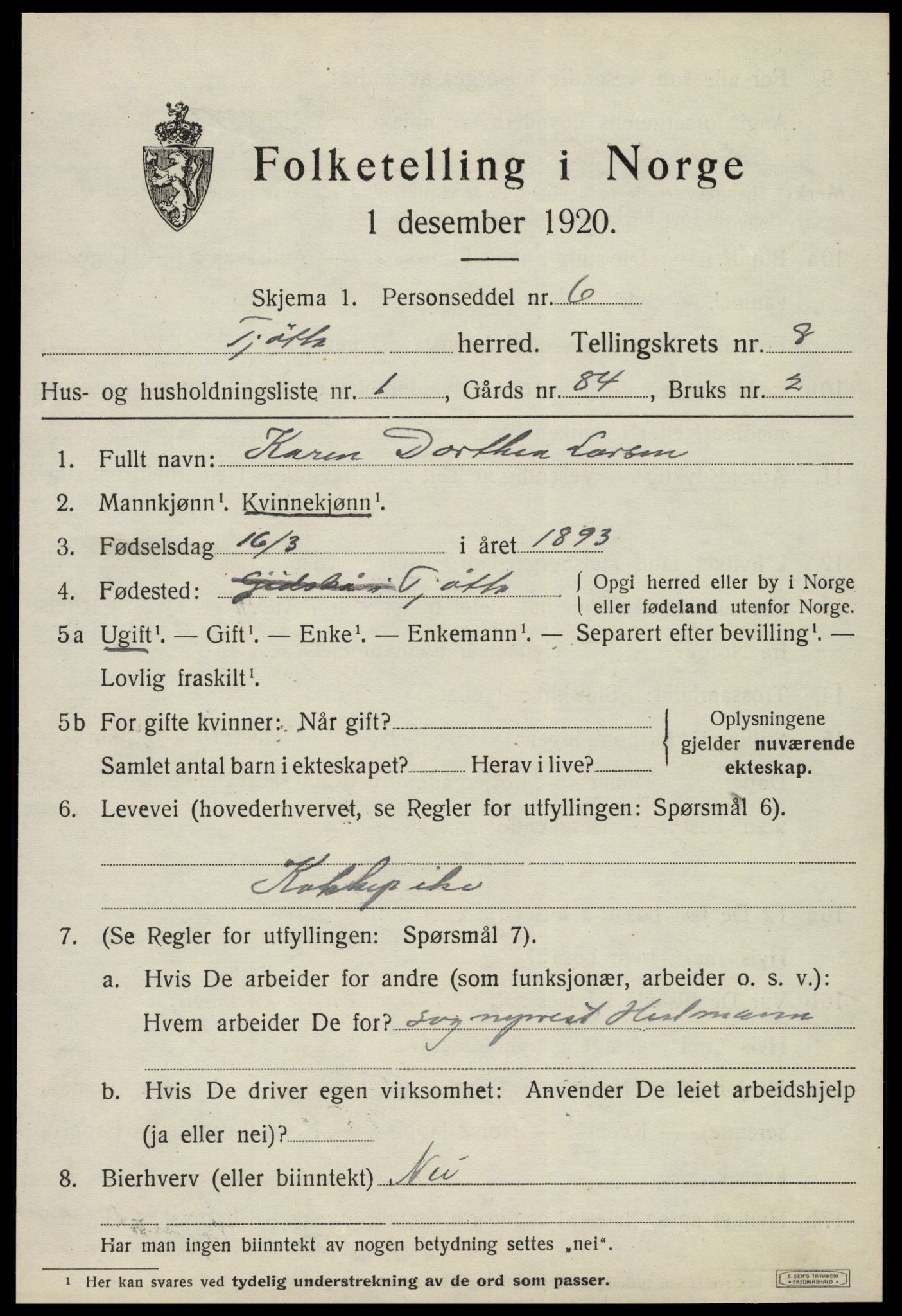 SAT, 1920 census for Tjøtta, 1920, p. 3431