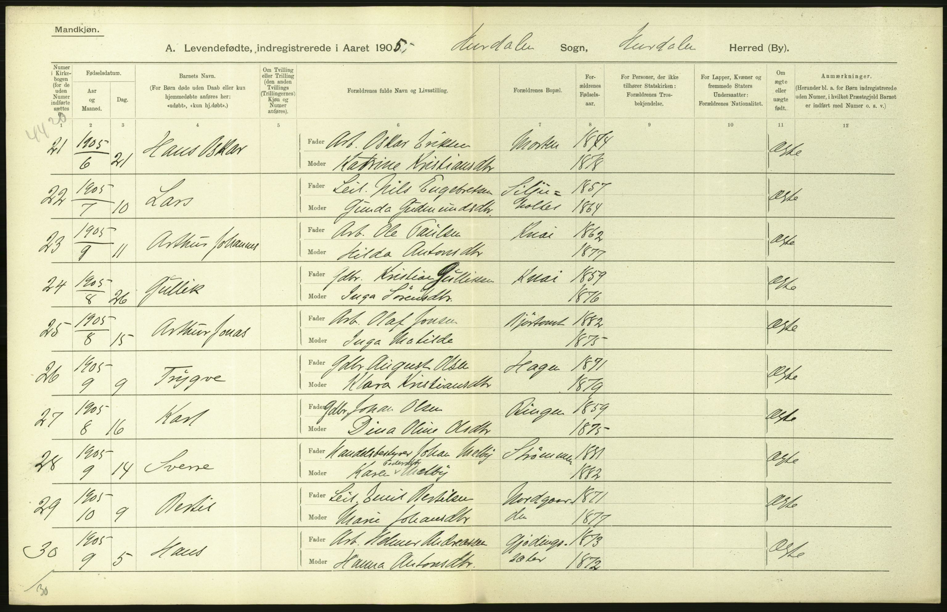 Statistisk sentralbyrå, Sosiodemografiske emner, Befolkning, RA/S-2228/D/Df/Dfa/Dfac/L0004: Akershus amt: Fødte. Bygder., 1905, p. 44