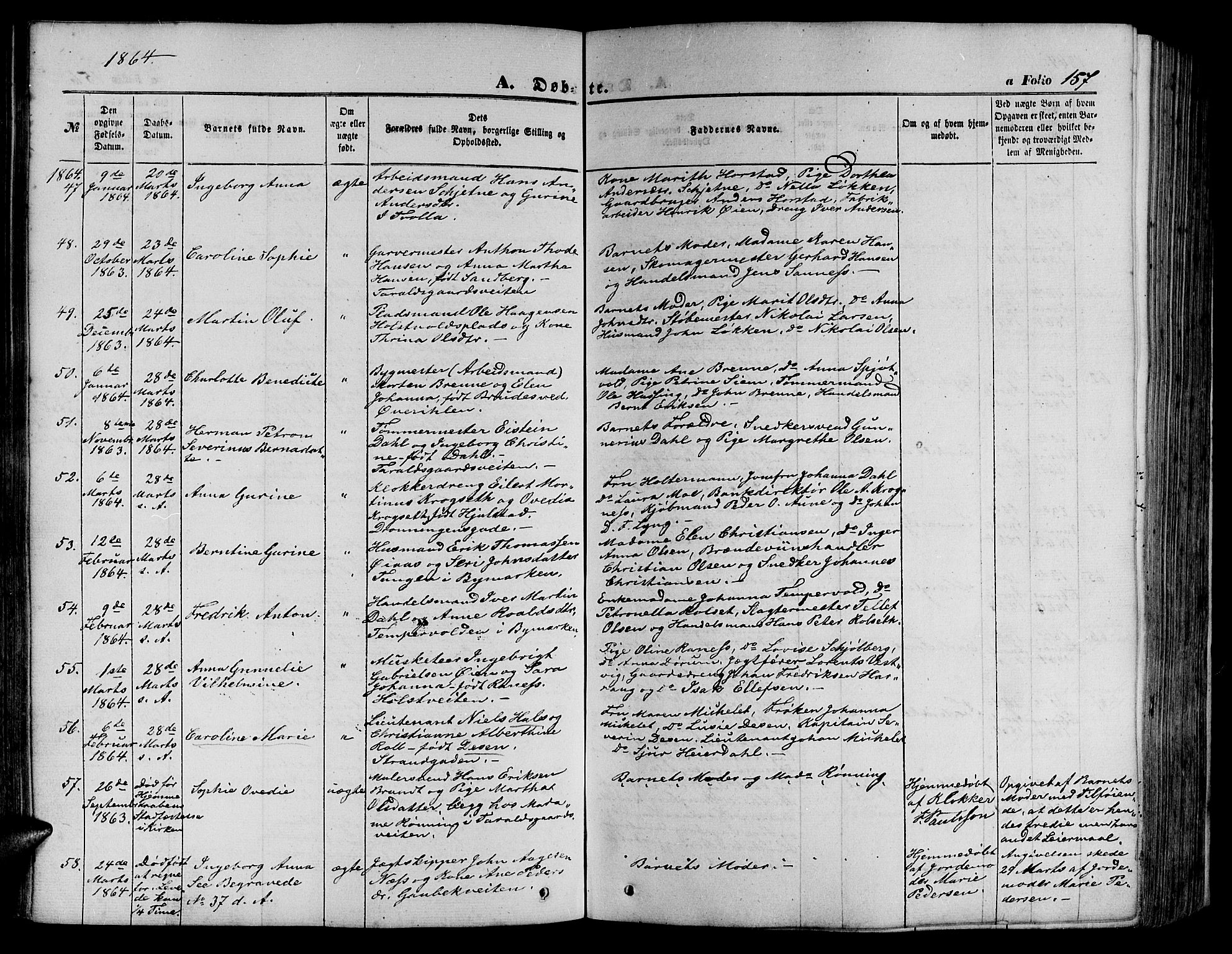 Ministerialprotokoller, klokkerbøker og fødselsregistre - Sør-Trøndelag, SAT/A-1456/602/L0139: Parish register (copy) no. 602C07, 1859-1864, p. 157