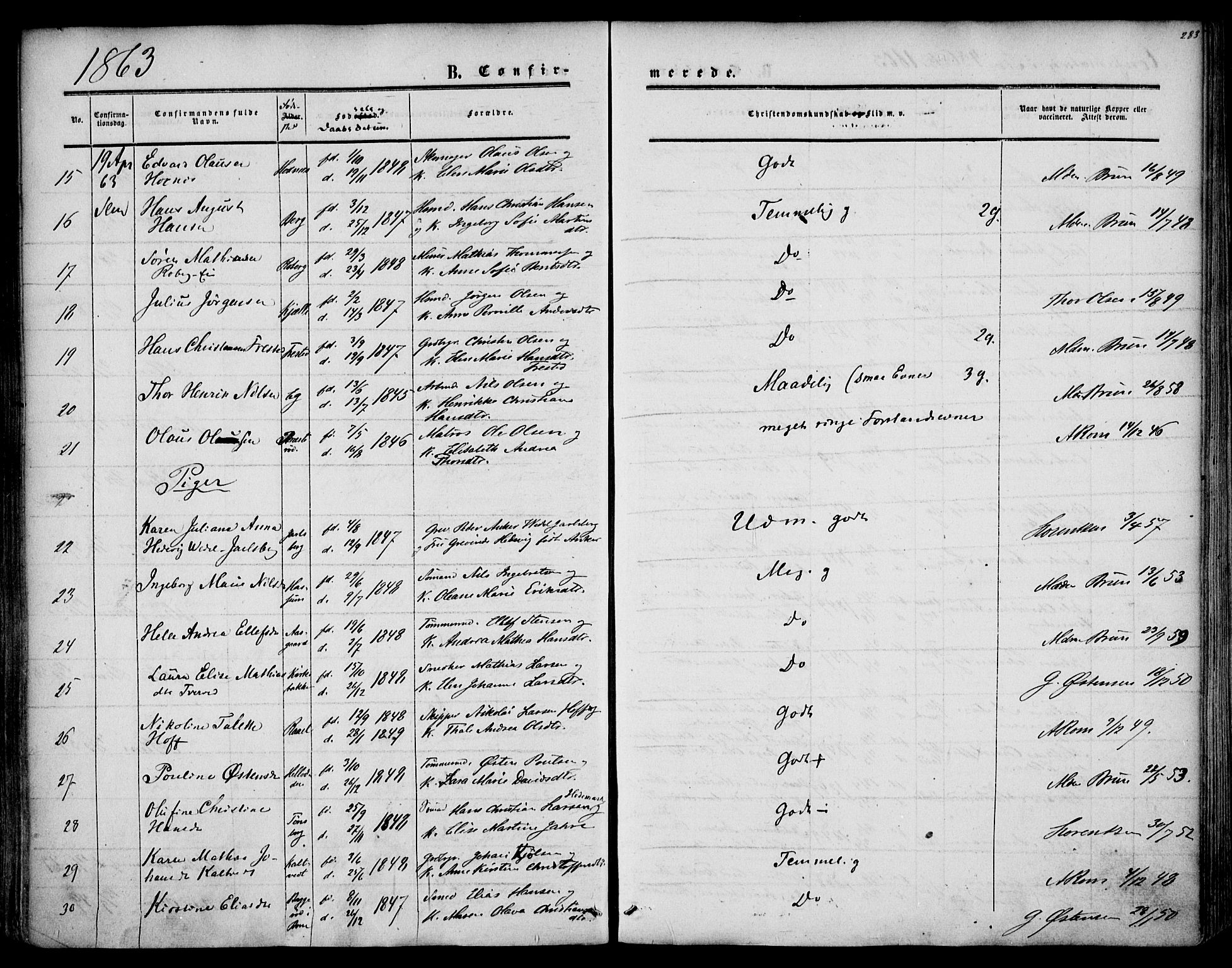 Sem kirkebøker, AV/SAKO-A-5/F/Fa/L0007: Parish register (official) no. I 7, 1856-1865, p. 283