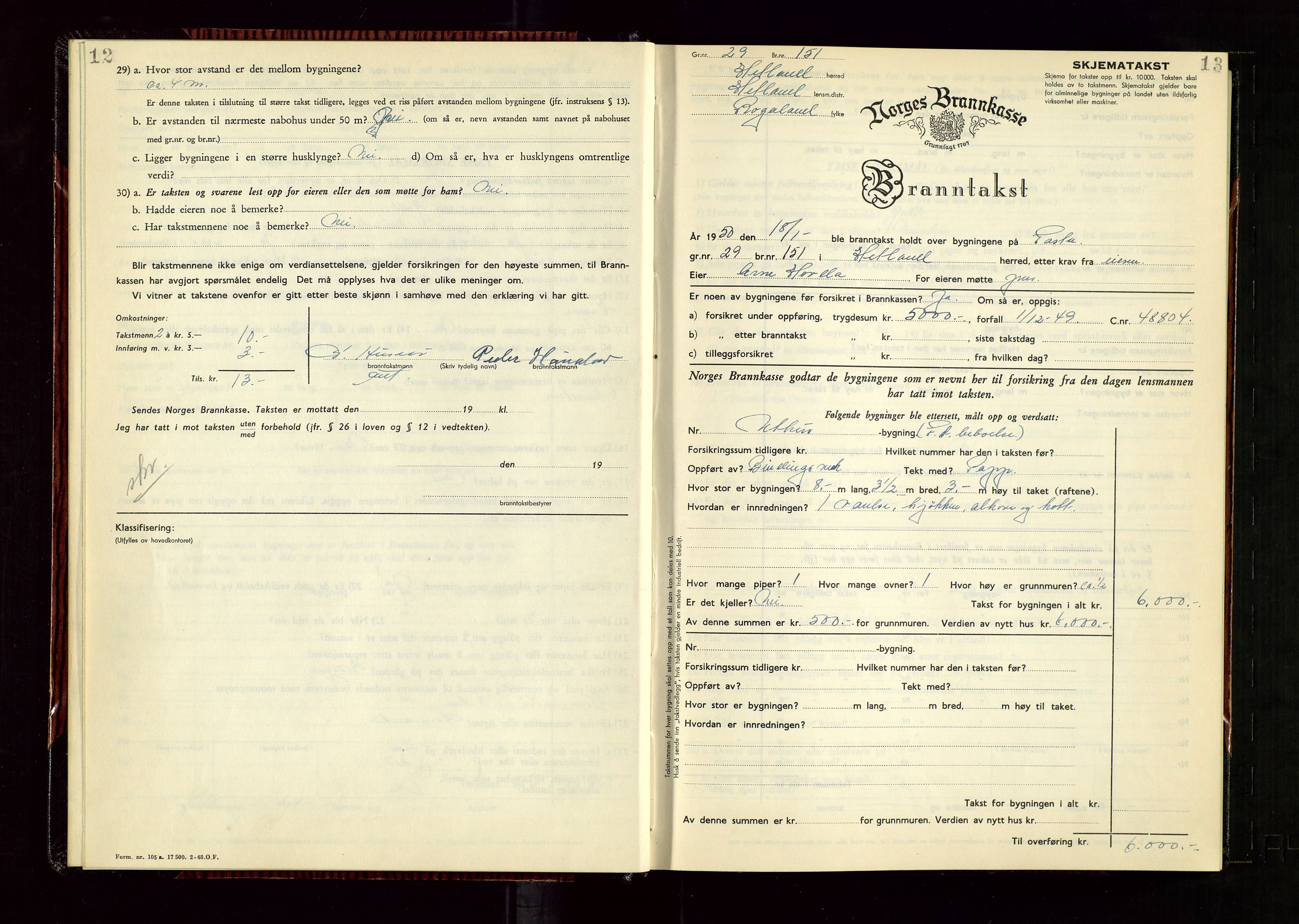 Hetland lensmannskontor, AV/SAST-A-100101/Gob/L0008: "Branntakstprotokoll", 1949-1953, p. 12-13