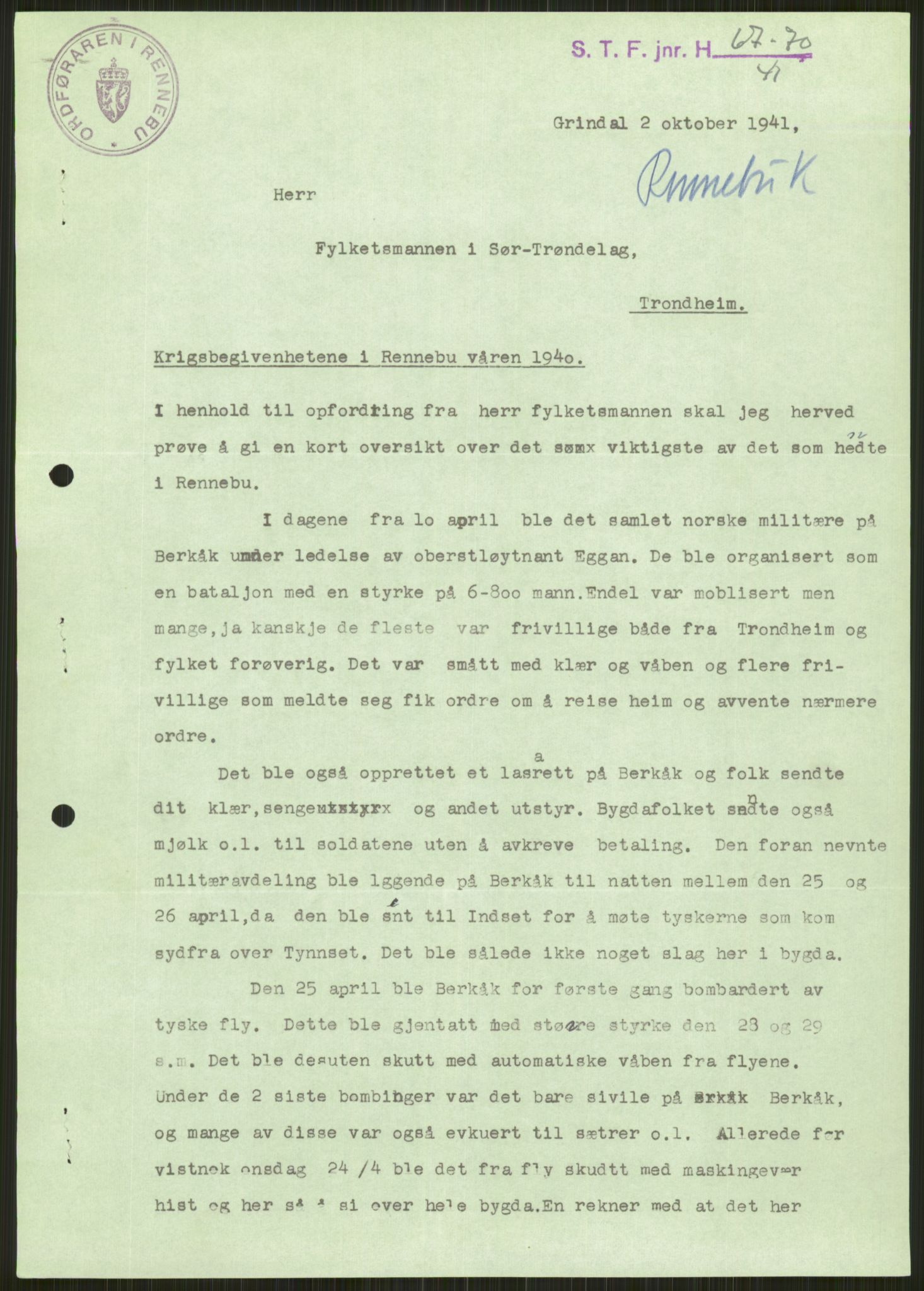 Forsvaret, Forsvarets krigshistoriske avdeling, AV/RA-RAFA-2017/Y/Ya/L0016: II-C-11-31 - Fylkesmenn.  Rapporter om krigsbegivenhetene 1940., 1940, p. 95