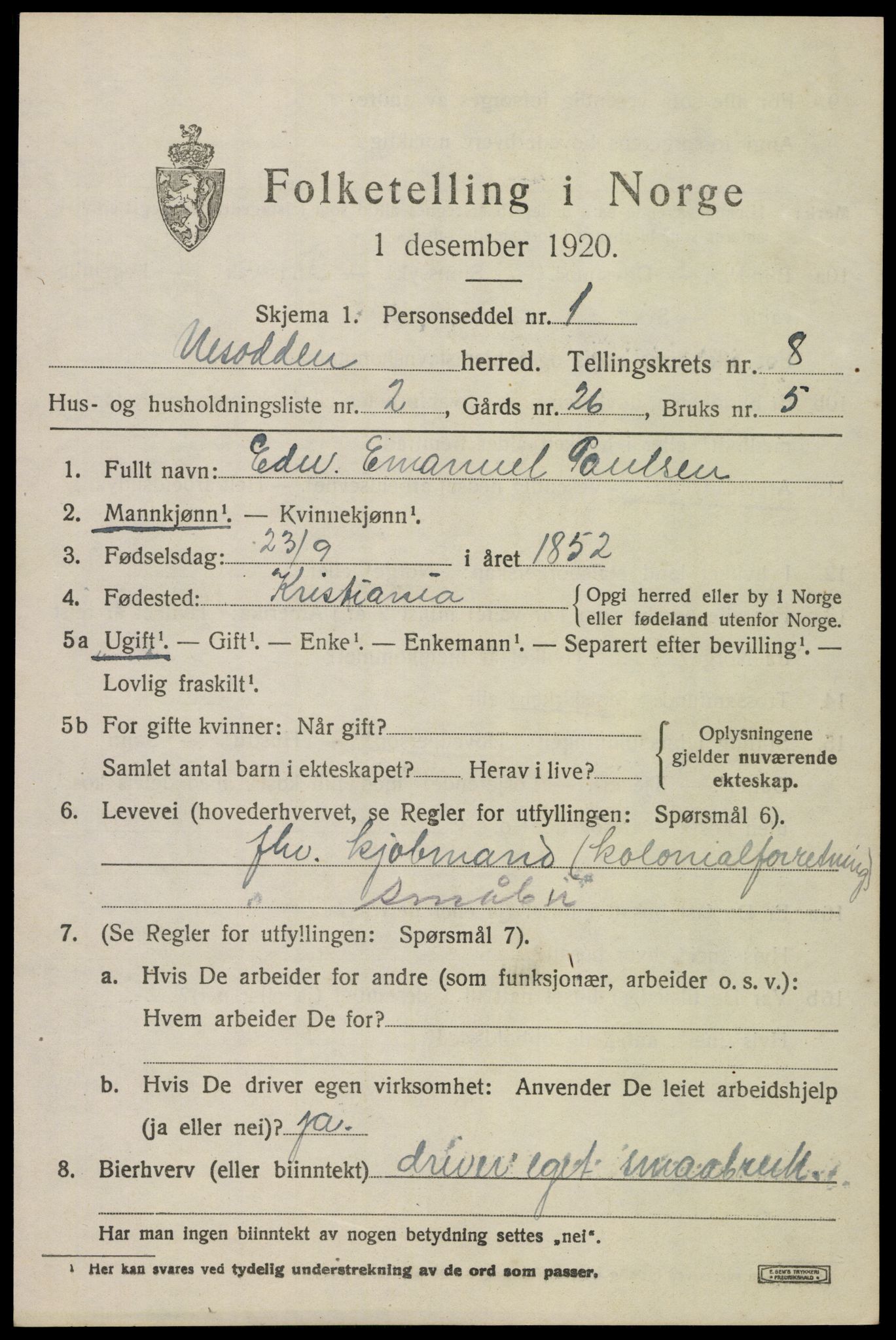 SAO, 1920 census for Nesodden, 1920, p. 6271