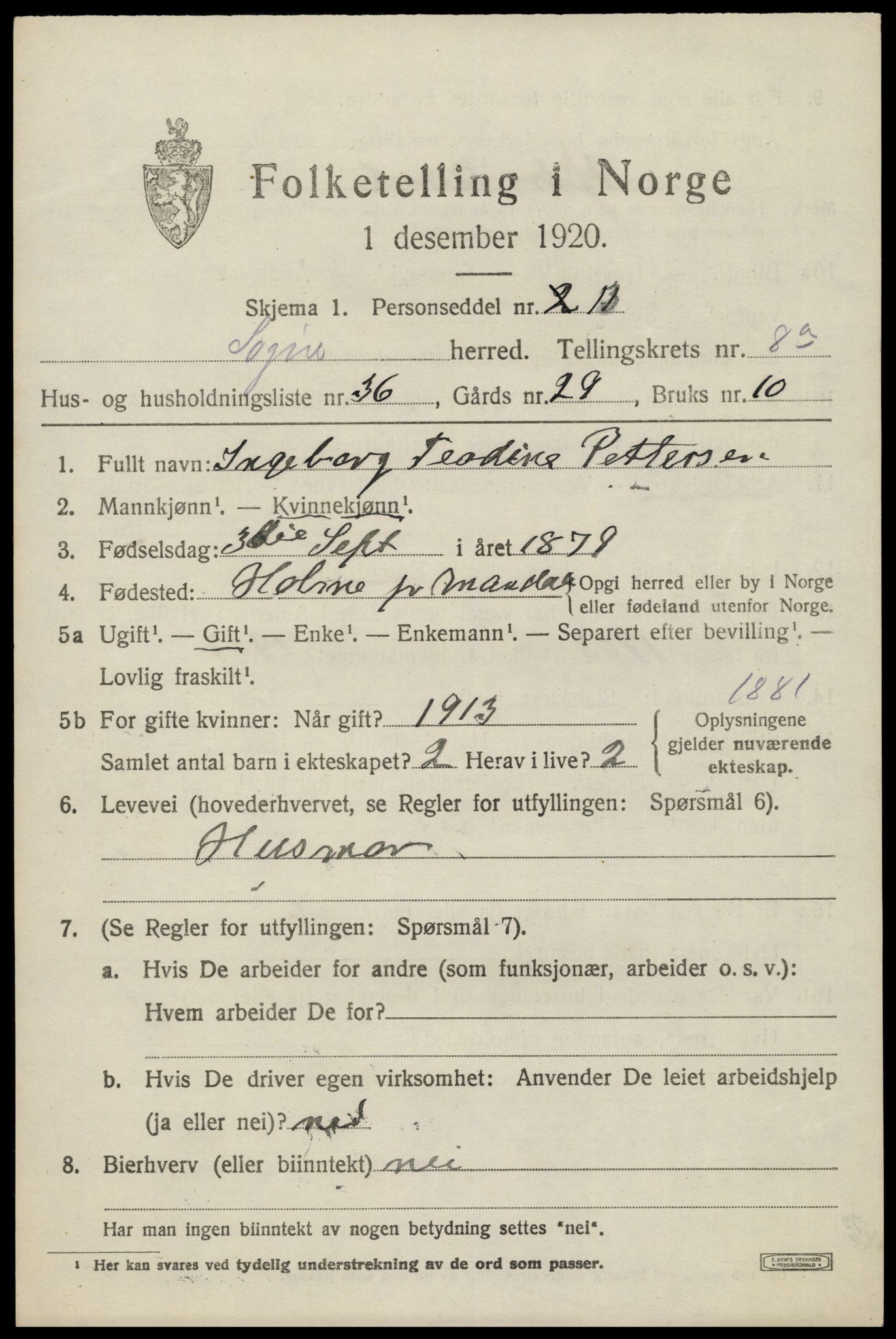 SAK, 1920 census for Søgne, 1920, p. 4397