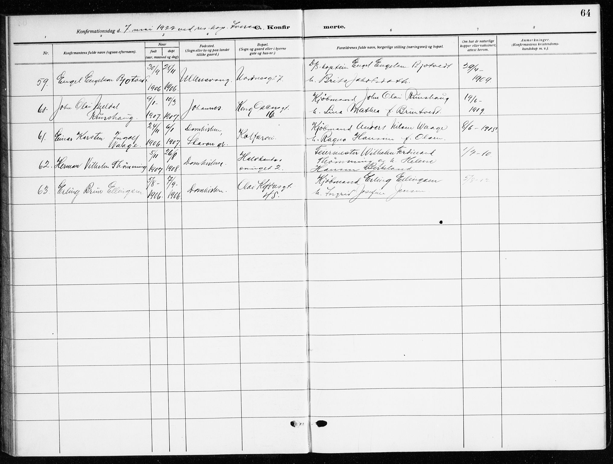 Domkirken sokneprestembete, AV/SAB-A-74801/H/Haa/L0032: Parish register (official) no. C 7, 1915-1930, p. 64