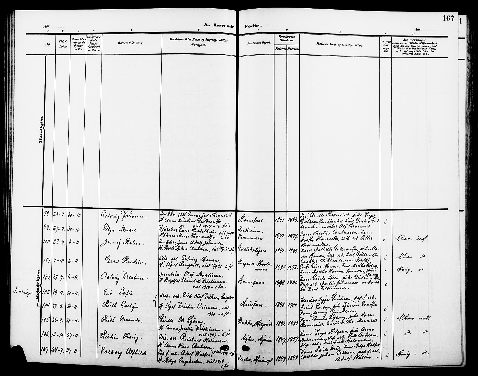 Hønefoss kirkebøker, AV/SAKO-A-609/G/Ga/L0003: Parish register (copy) no. 3, 1905-1925, p. 167