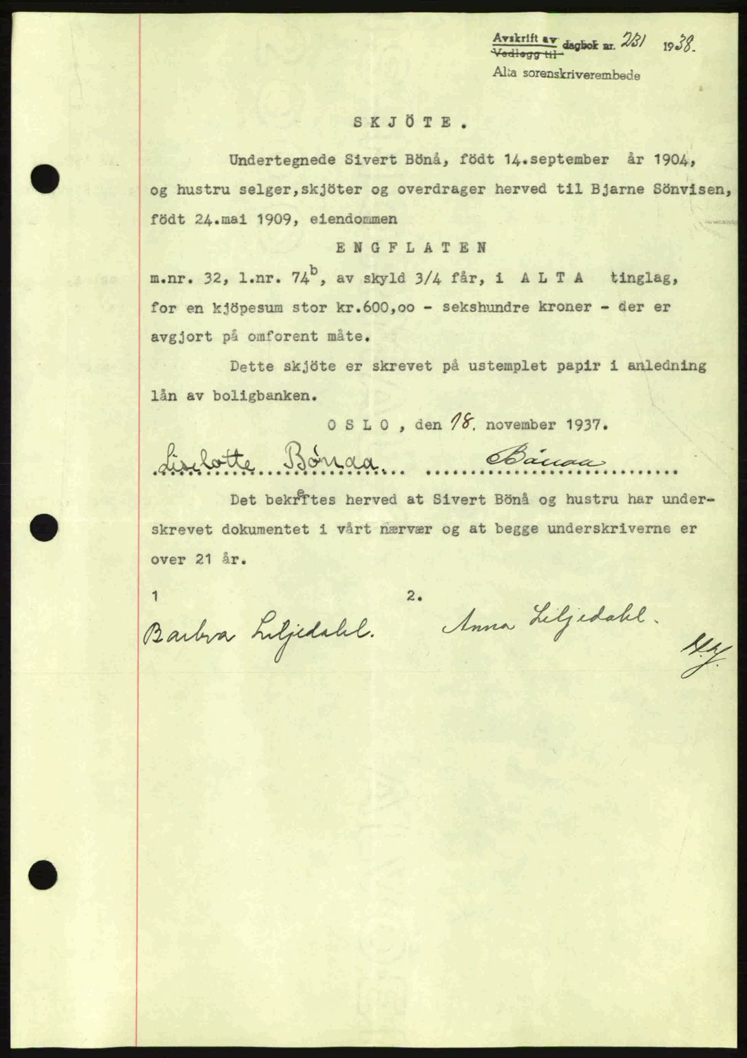 Alta fogderi/sorenskriveri, SATØ/SATØ-5/1/K/Kd/L0031pantebok: Mortgage book no. 31, 1938-1939, Diary no: : 231/1938