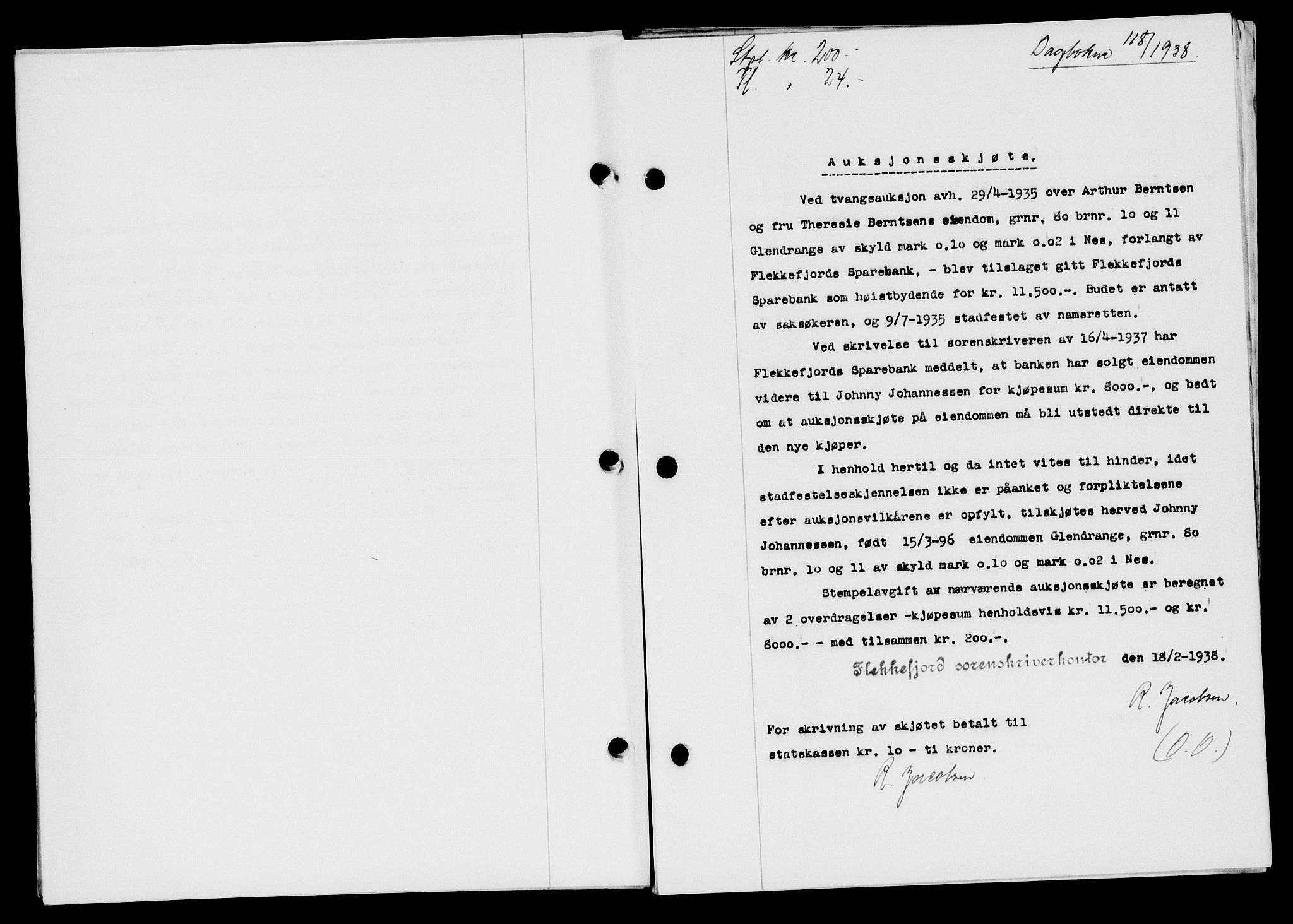 Flekkefjord sorenskriveri, SAK/1221-0001/G/Gb/Gba/L0054: Mortgage book no. A-2, 1937-1938, Diary no: : 118/1938