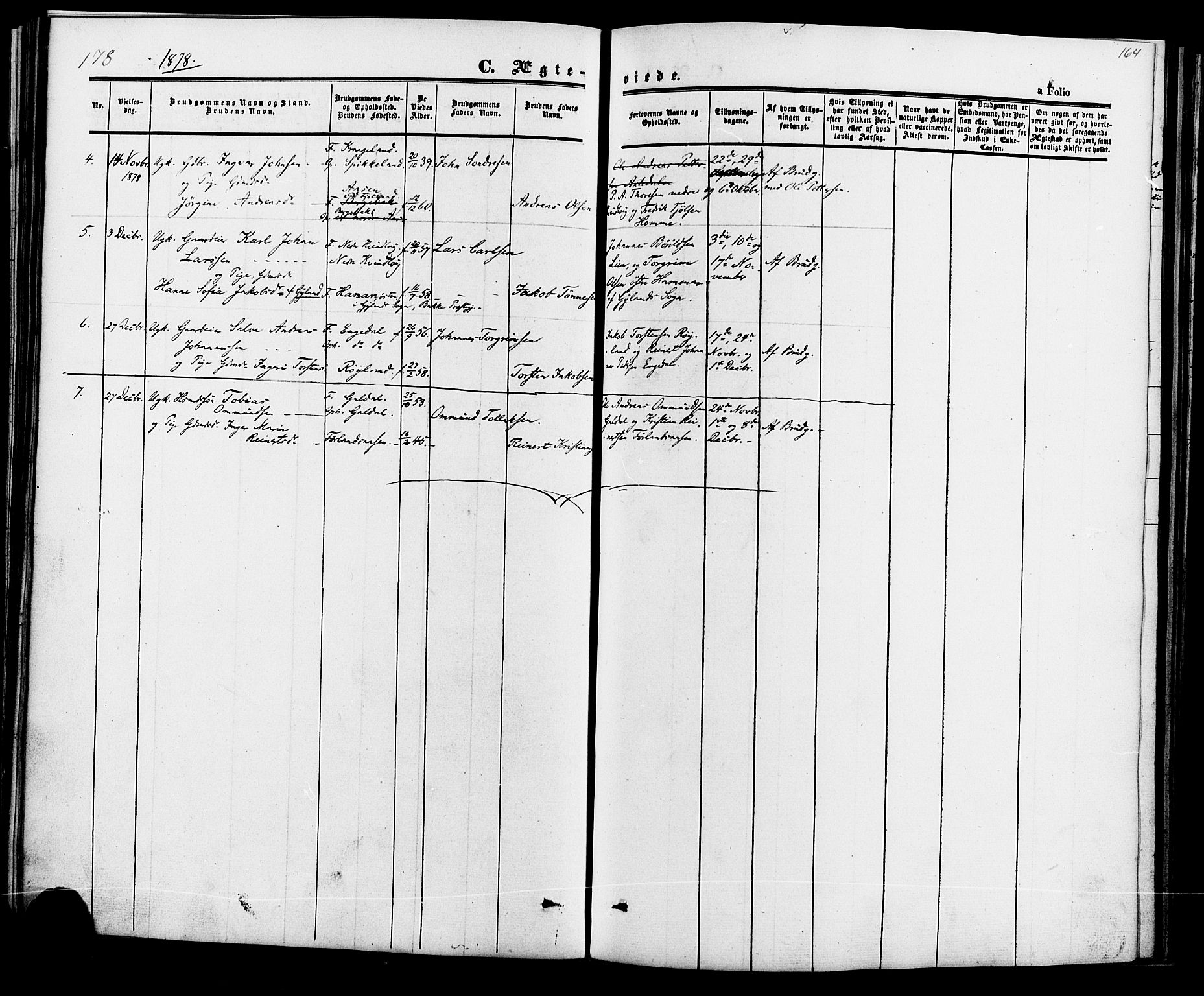 Fjotland sokneprestkontor, AV/SAK-1111-0010/F/Fa/L0001: Parish register (official) no. A 1, 1850-1879, p. 164