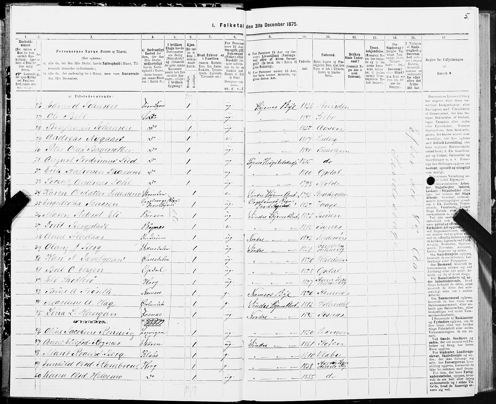 SAT, 1875 census for 1601 Trondheim, 1875, p. 6005