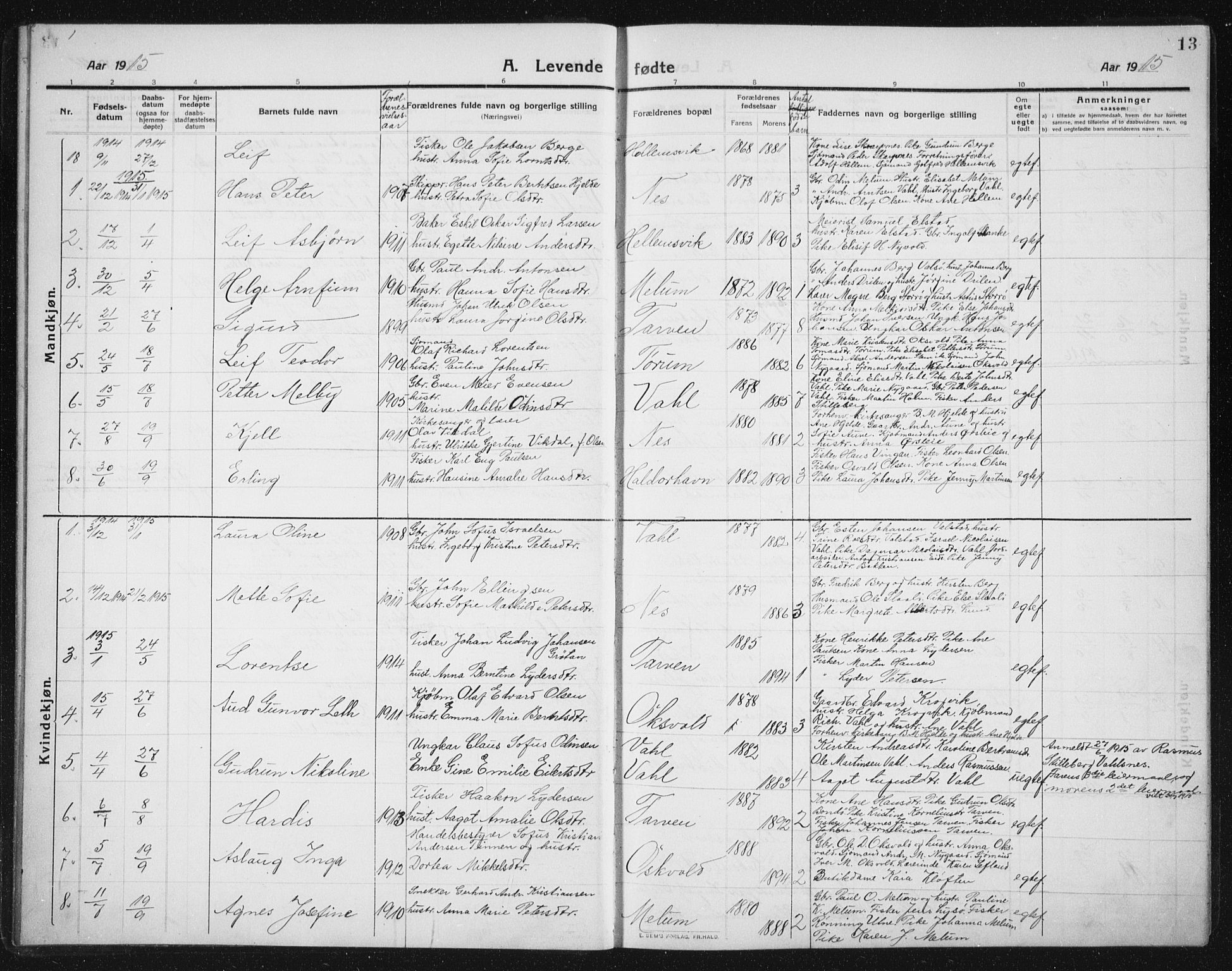 Ministerialprotokoller, klokkerbøker og fødselsregistre - Sør-Trøndelag, SAT/A-1456/652/L0654: Parish register (copy) no. 652C02, 1910-1937, p. 13