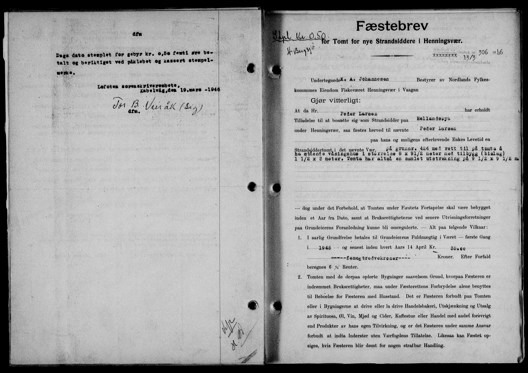 Lofoten sorenskriveri, SAT/A-0017/1/2/2C/L0013a: Mortgage book no. 13a, 1944-1946, Diary no: : 306/1946