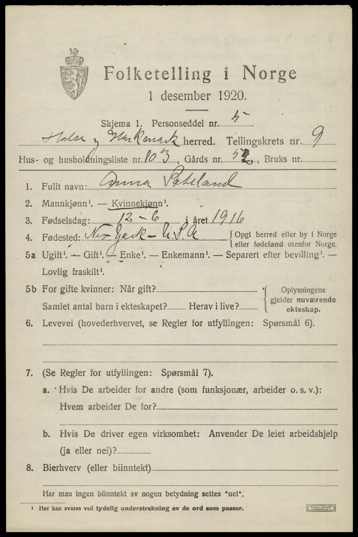 SAK, 1920 census for Halse og Harkmark, 1920, p. 5607