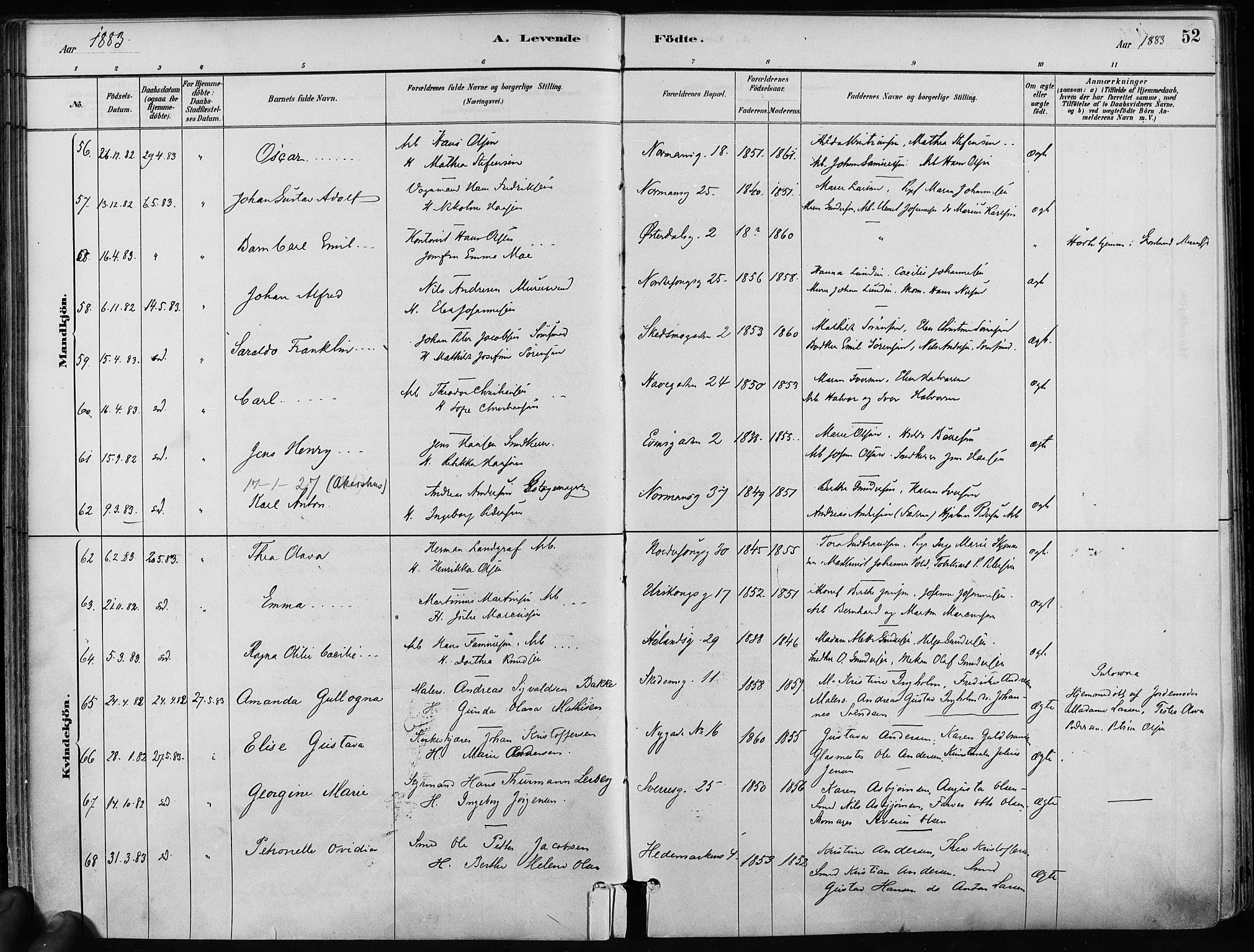 Kampen prestekontor Kirkebøker, SAO/A-10853/F/Fa/L0001: Parish register (official) no. I 1, 1880-1886, p. 52