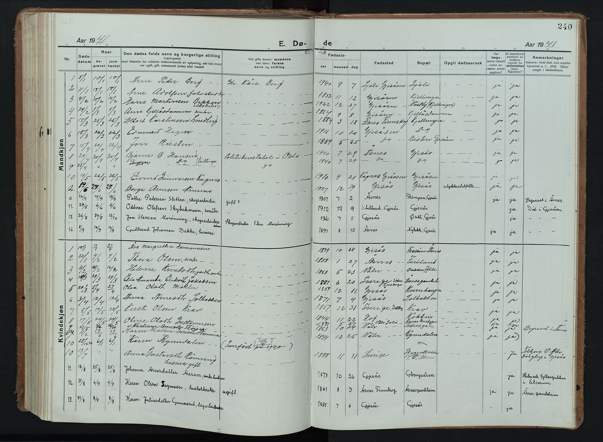 Åsnes prestekontor, AV/SAH-PREST-042/H/Ha/Hab/L0012: Parish register (copy) no. 12, 1921-1942, p. 240