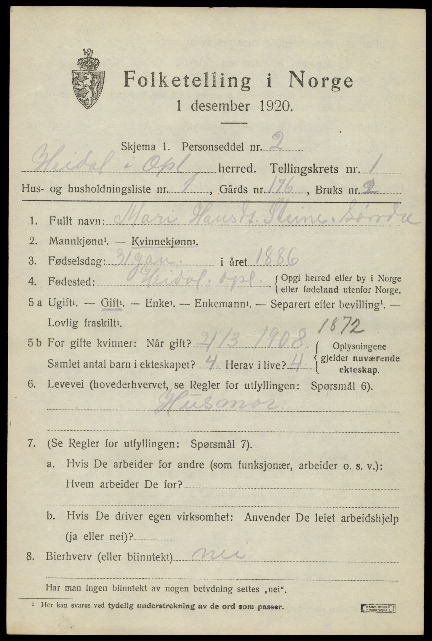 SAH, 1920 census for Heidal, 1920, p. 498