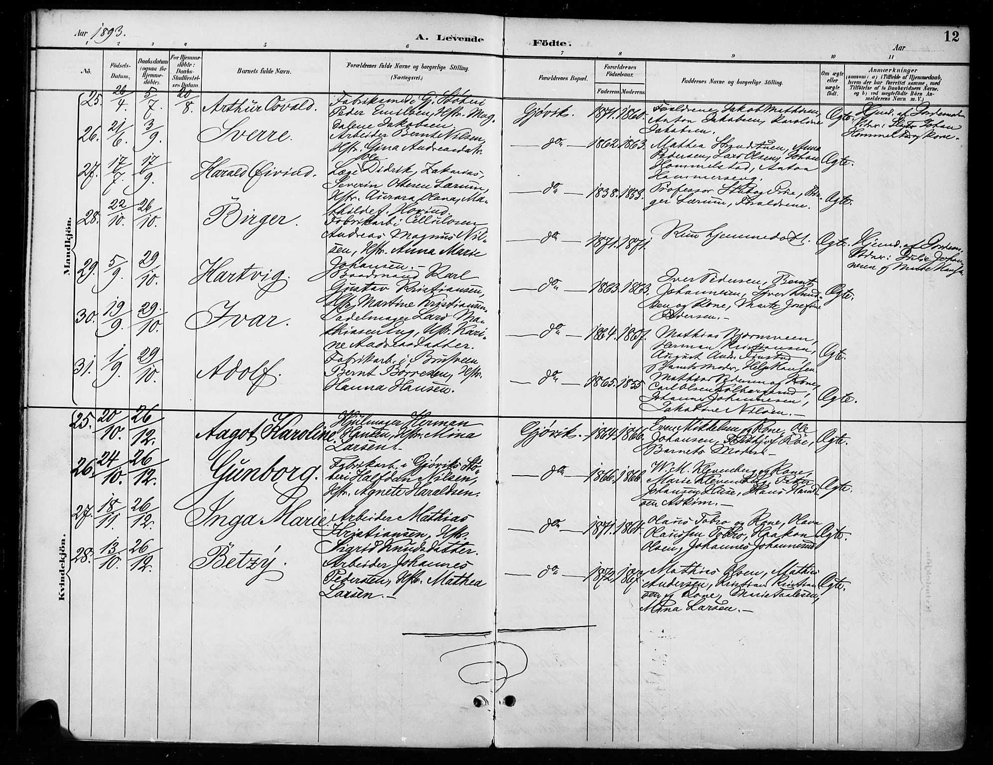 Vardal prestekontor, SAH/PREST-100/H/Ha/Haa/L0011: Parish register (official) no. 11, 1891-1901, p. 12