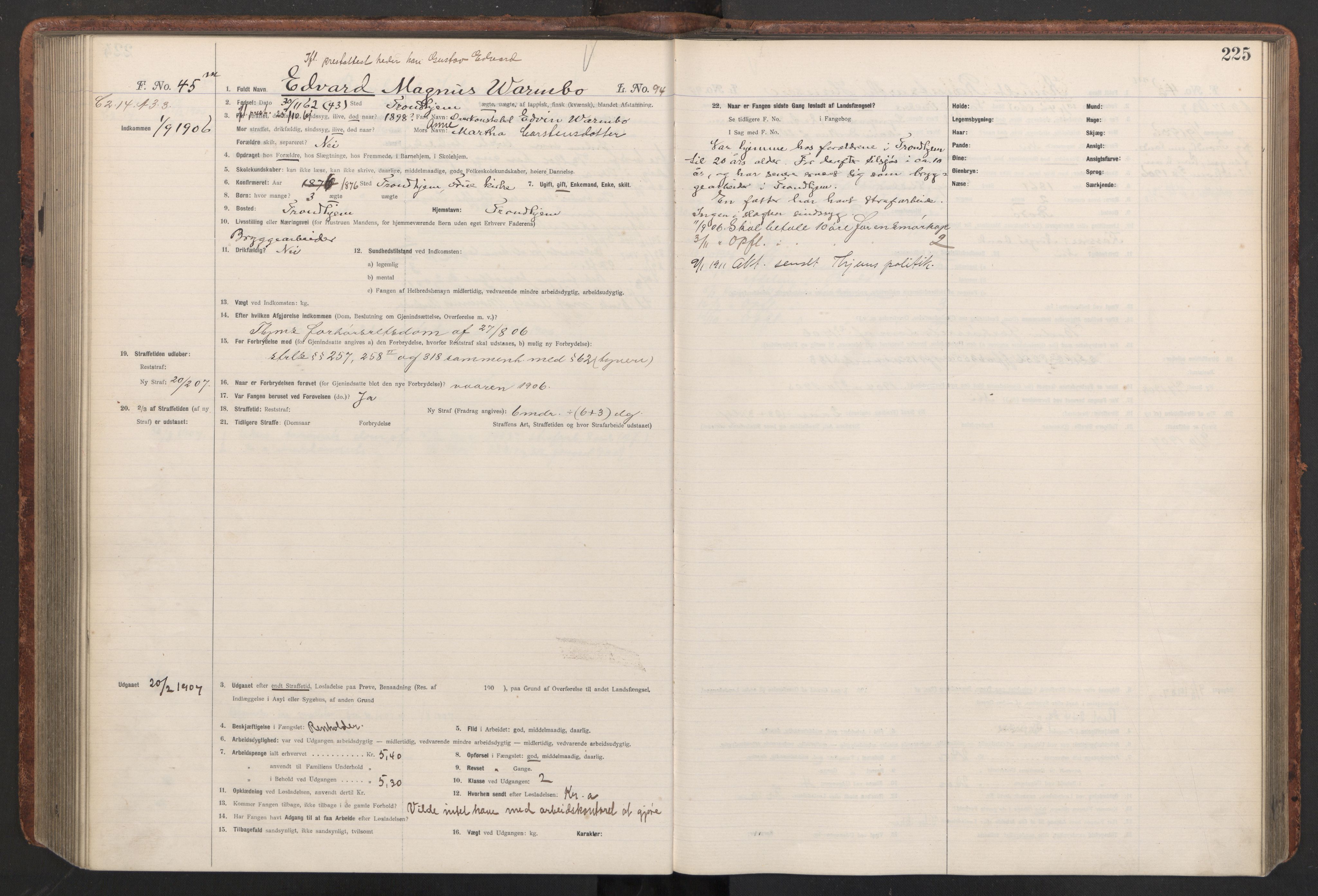 Botsfengslet, AV/RA-S-1539/D/Db/Dbb/L0040: 821l - 171m, 1905-1907, p. 225