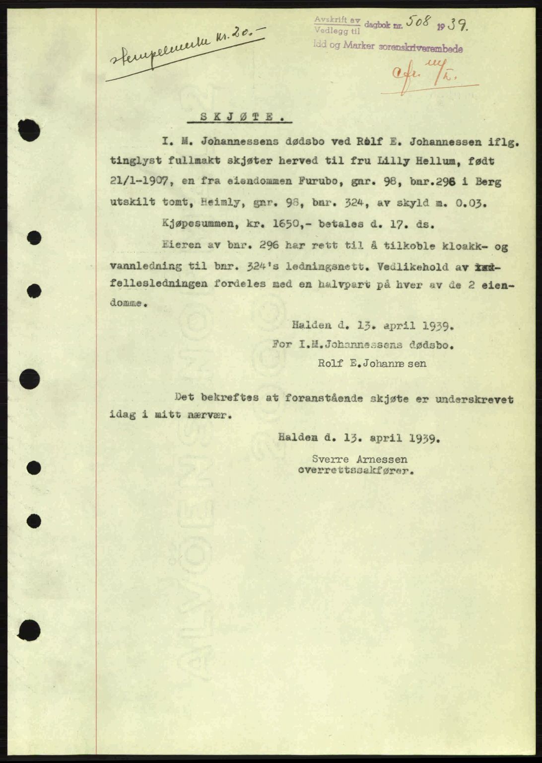 Idd og Marker sorenskriveri, AV/SAO-A-10283/G/Gb/Gbb/L0003: Mortgage book no. A3, 1938-1939, Diary no: : 508/1939