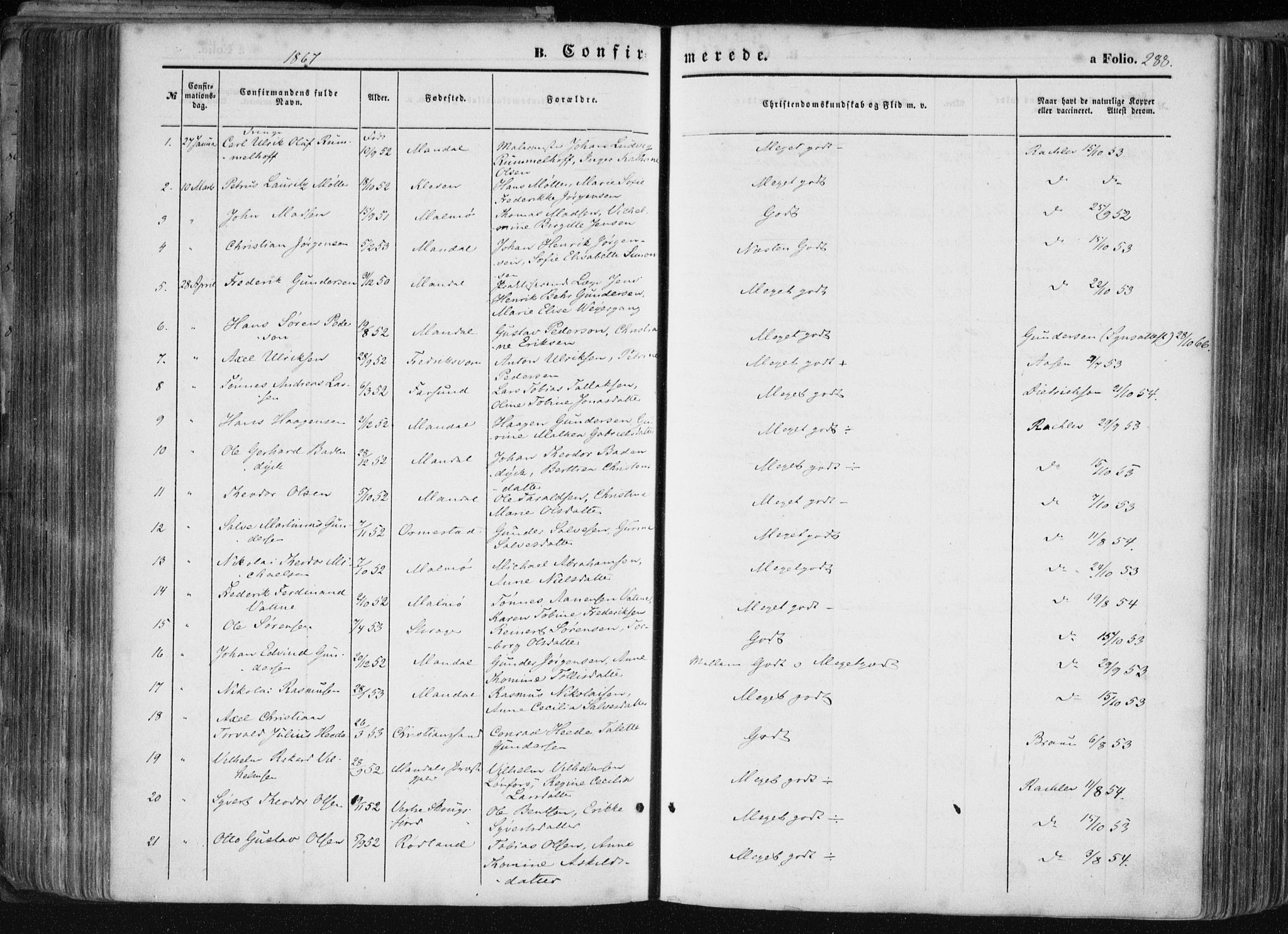 Mandal sokneprestkontor, SAK/1111-0030/F/Fa/Faa/L0014: Parish register (official) no. A 14, 1859-1872, p. 288