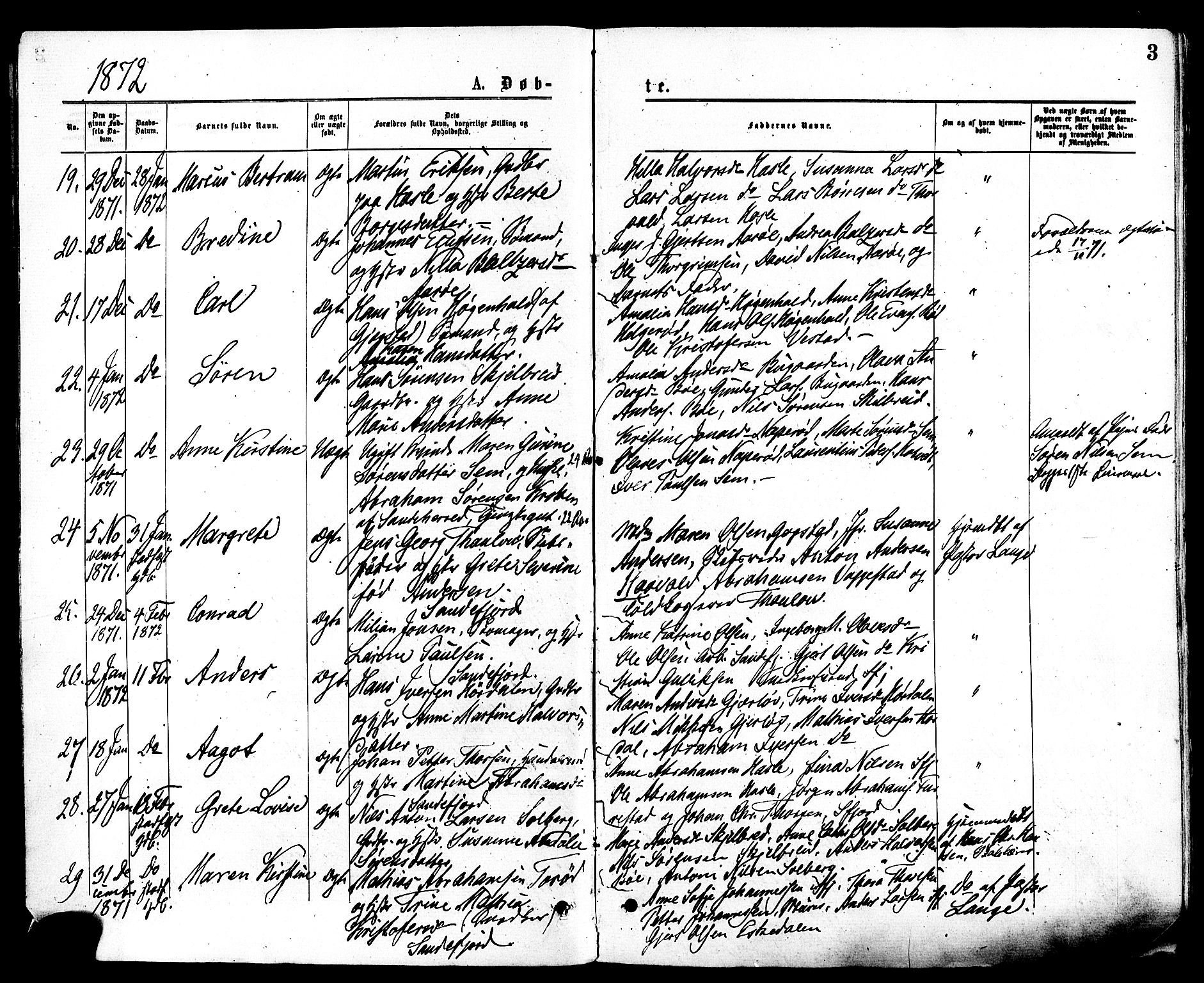 Sandar kirkebøker, SAKO/A-243/F/Fa/L0010: Parish register (official) no. 10, 1872-1882, p. 3
