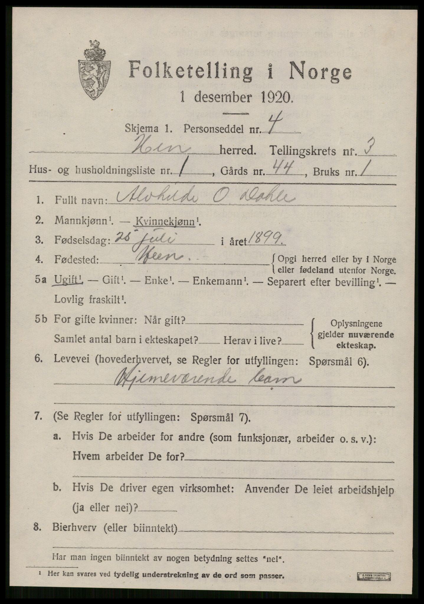 SAT, 1920 census for Hen, 1920, p. 1432