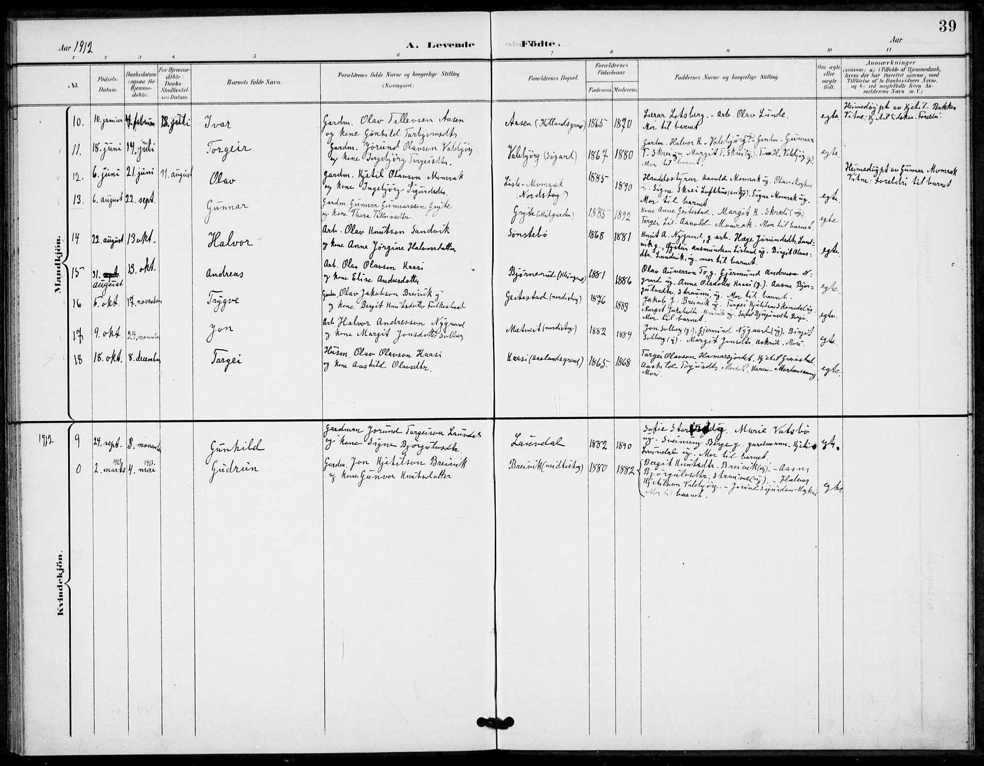 Fyresdal kirkebøker, AV/SAKO-A-263/F/Fa/L0008: Parish register (official) no. I 8, 1899-1914, p. 39