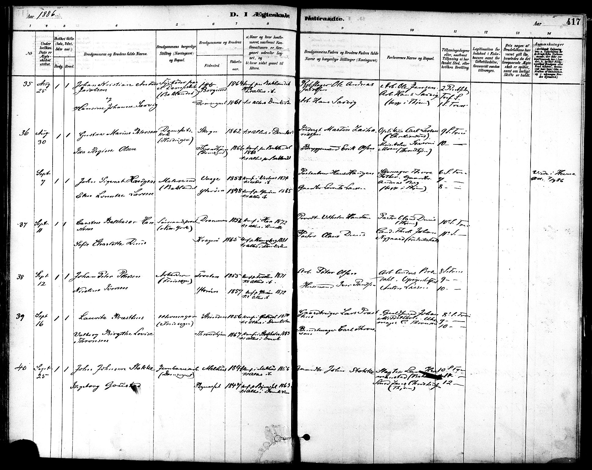 Ministerialprotokoller, klokkerbøker og fødselsregistre - Sør-Trøndelag, AV/SAT-A-1456/601/L0058: Parish register (official) no. 601A26, 1877-1891, p. 417