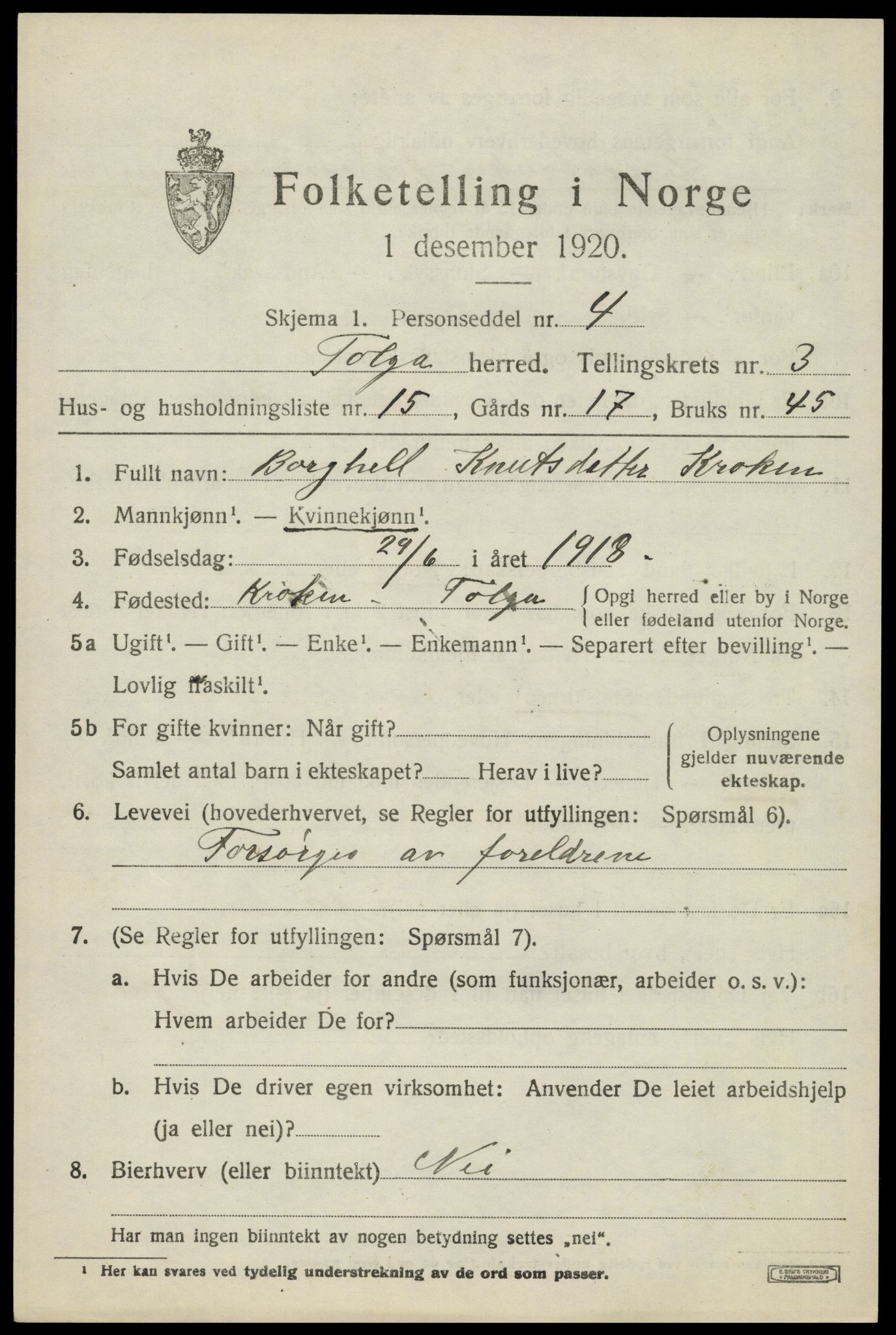 SAH, 1920 census for Tolga, 1920, p. 2373