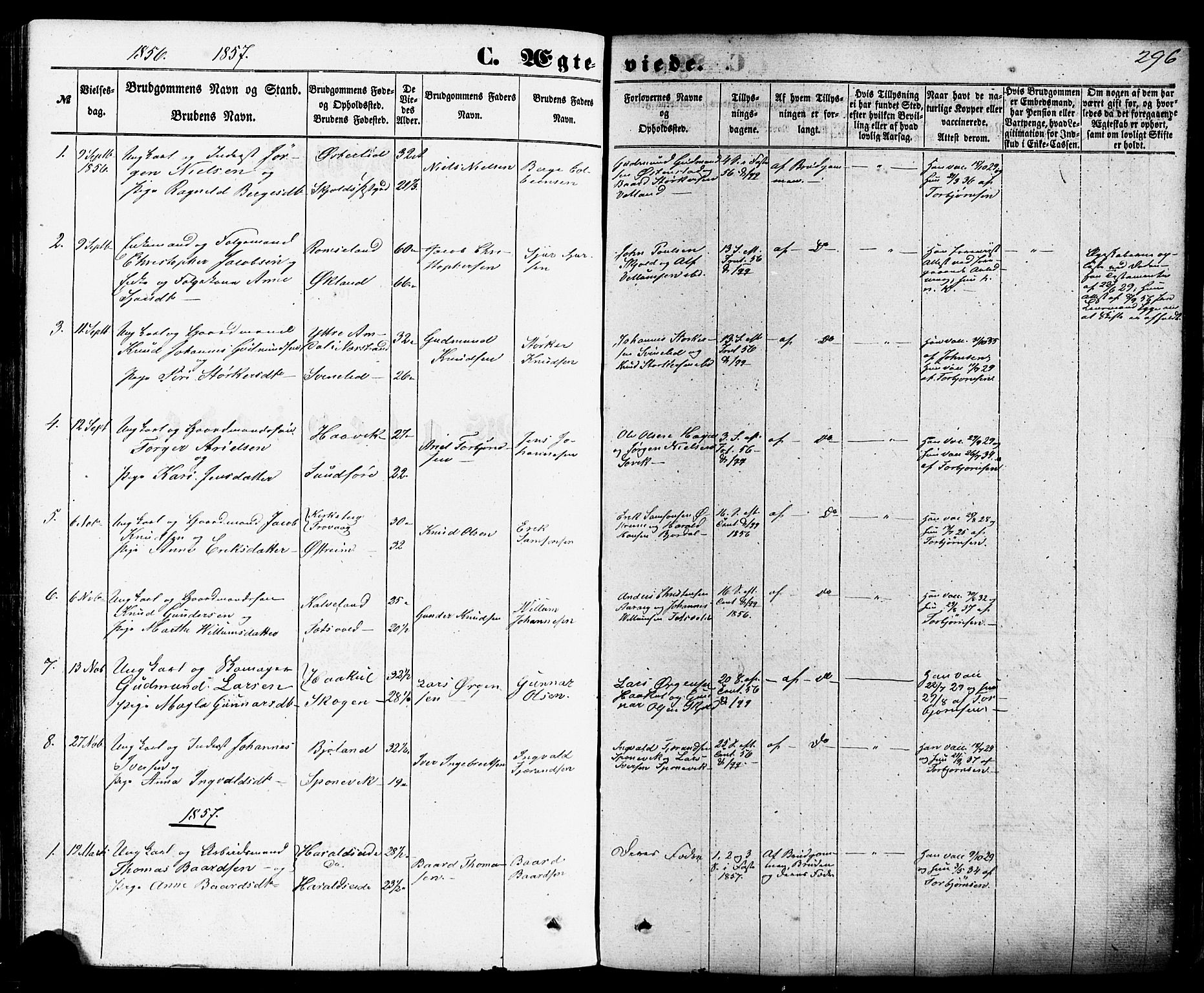 Skjold sokneprestkontor, AV/SAST-A-101847/H/Ha/Haa/L0008: Parish register (official) no. A 8, 1856-1882, p. 296