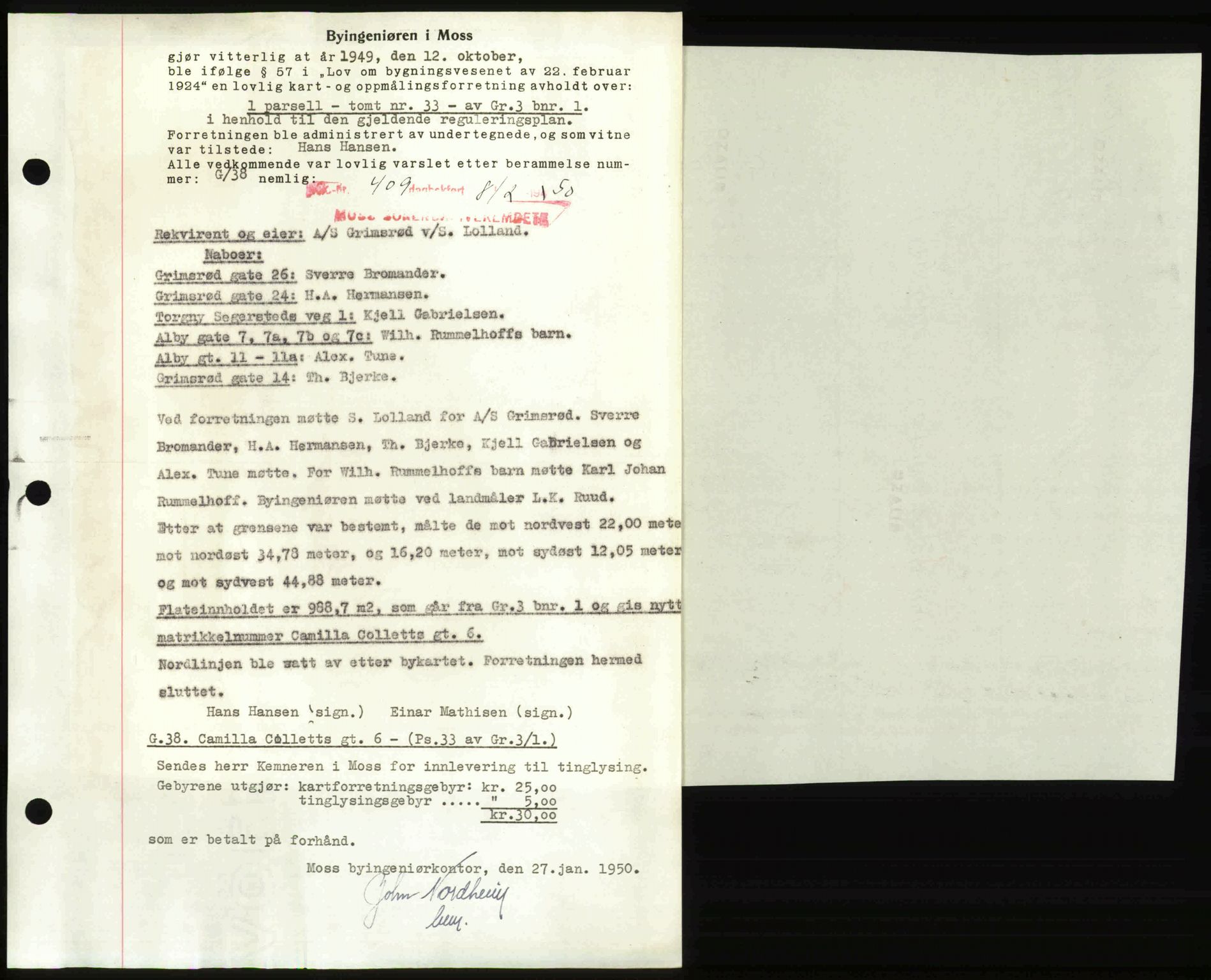 Moss sorenskriveri, SAO/A-10168: Mortgage book no. A25, 1950-1950, Diary no: : 409/1950