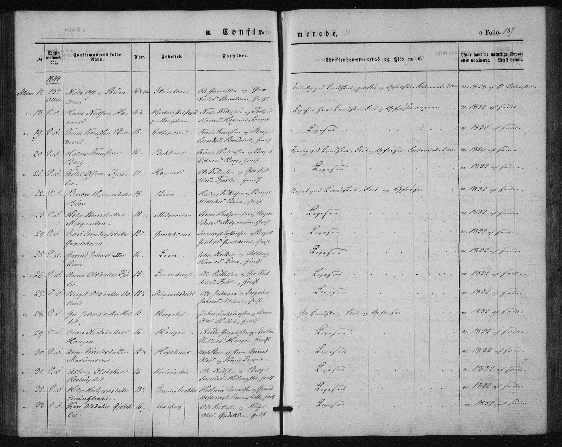 Tinn kirkebøker, AV/SAKO-A-308/F/Fa/L0005: Parish register (official) no. I 5, 1844-1856, p. 187