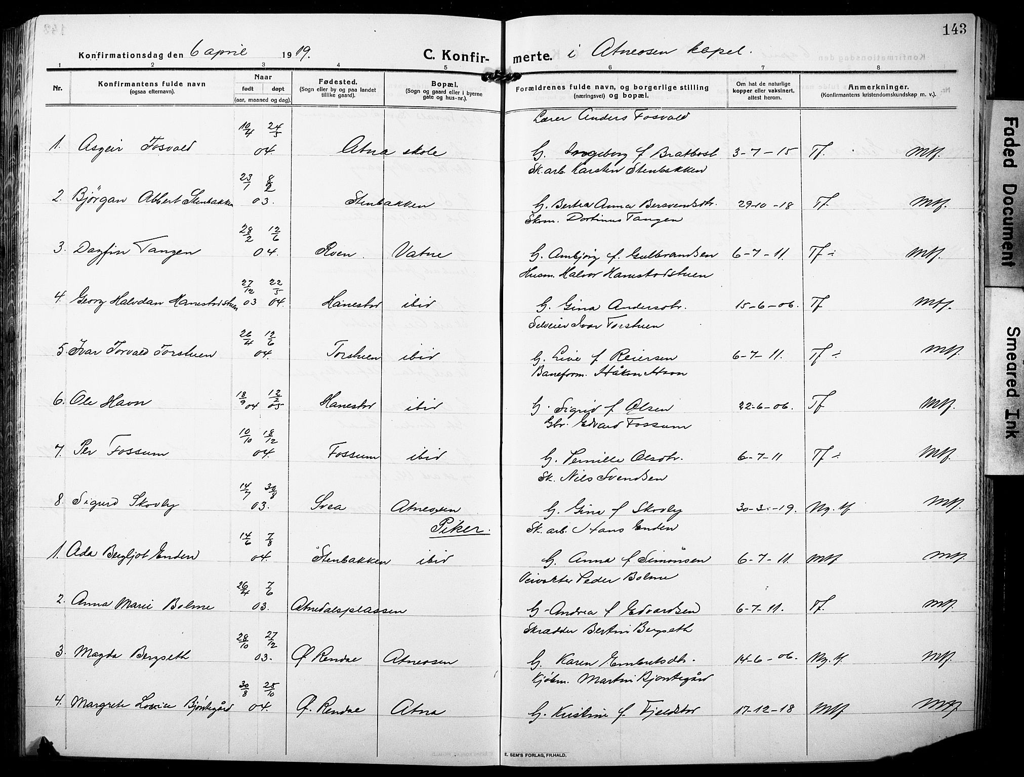 Stor-Elvdal prestekontor, SAH/PREST-052/H/Ha/Hab/L0005: Parish register (copy) no. 5, 1913-1932, p. 143